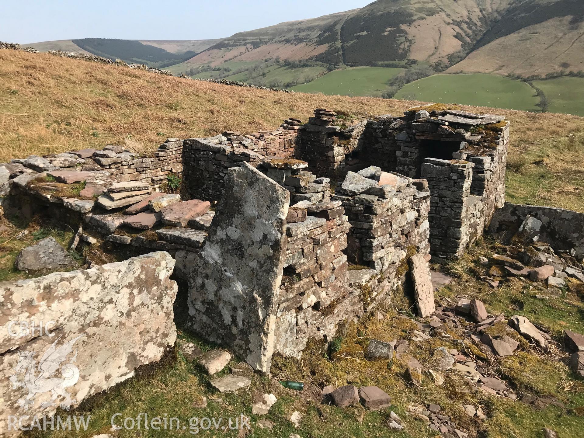 Digital colour photograph showing view of Darren Lwyd deserted farmstead, Llanigon, east of Talgarth, taken by Paul R. Davis on 22nd April 2019.