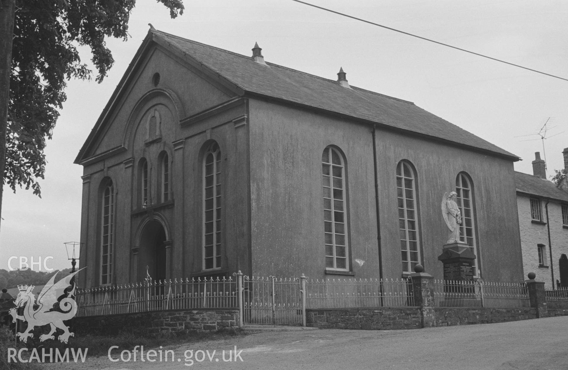 Digital copy of a black and white negative showing Neuadd Lwyd Welsh Independent Chapel, Neuadd Lwyd, 4km south east of Aberaeron. Photographed by Arthur O. Chater on 5th September 1966 looking south from Grid Reference SN 475 596.