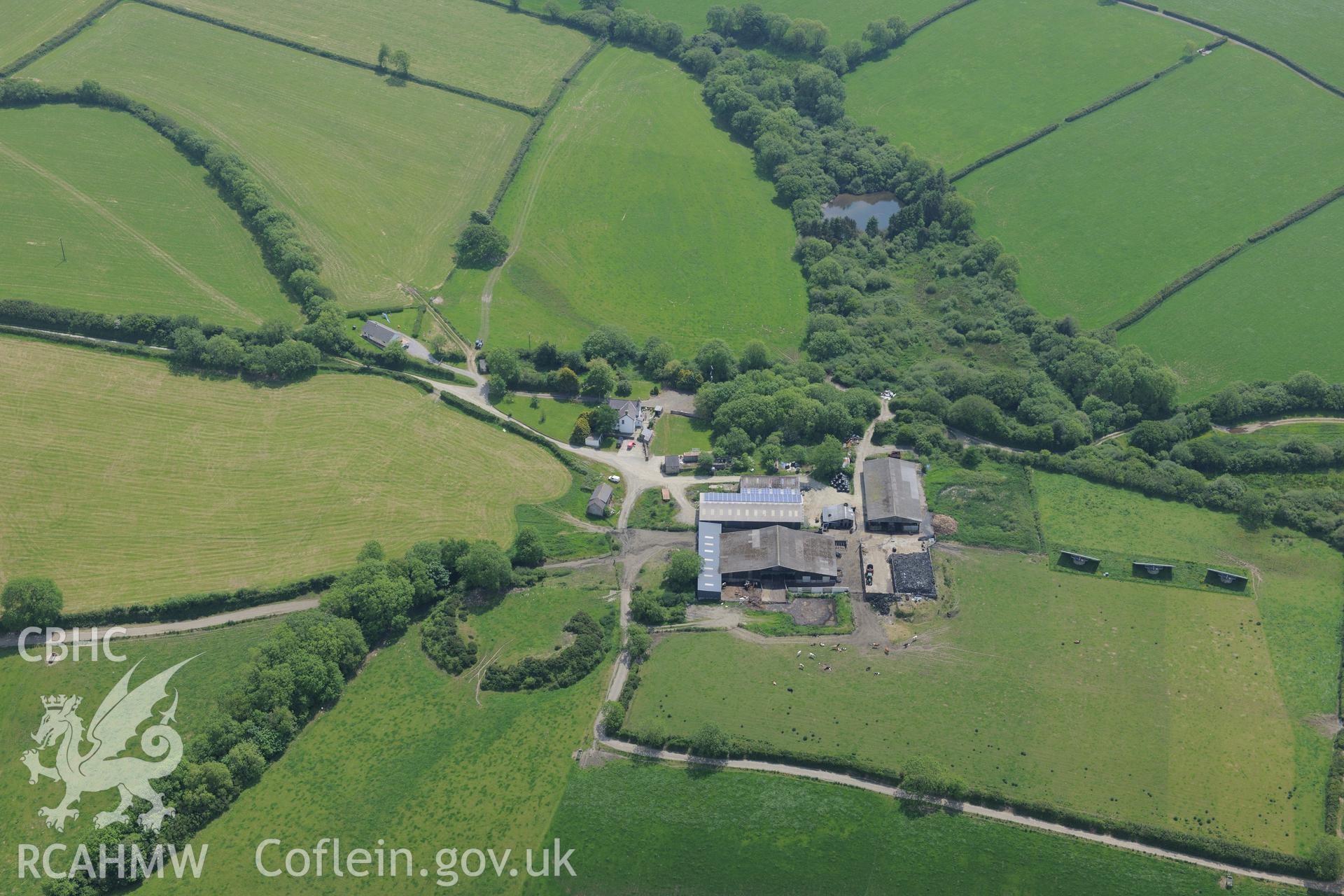 Drim Castle defended enclosure, Llawhaden. Oblique aerial photograph taken during the Royal Commission's programme of archaeological aerial reconnaissance by Toby Driver on 11th June 2015.
