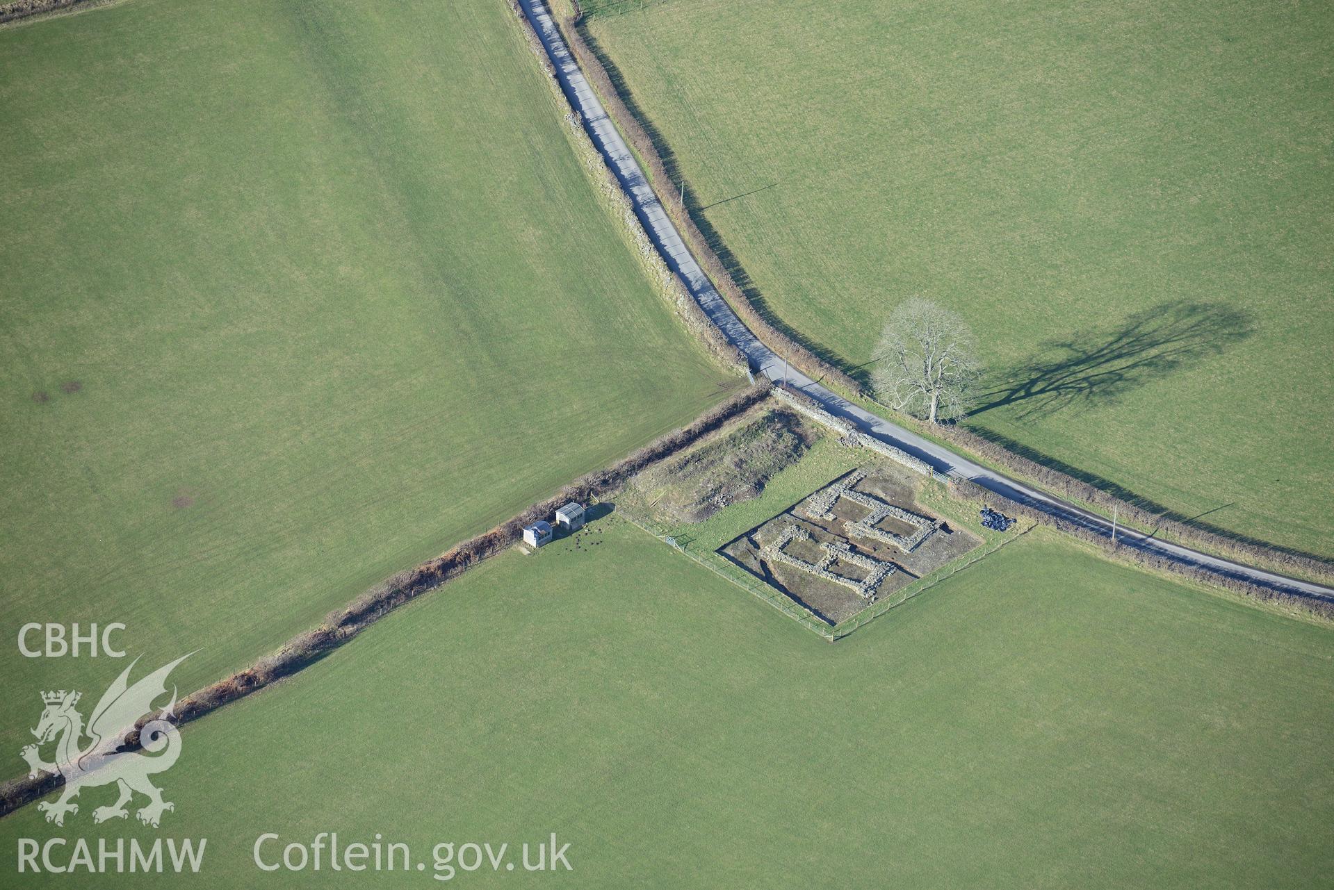 The gatehouse at the Strata Florida Abbey Precinct, south of Pontrhydfendigaid. Oblique aerial photograph taken during the Royal Commission's programme of archaeological aerial reconnaissance by Toby Driver on 4th February 2015.