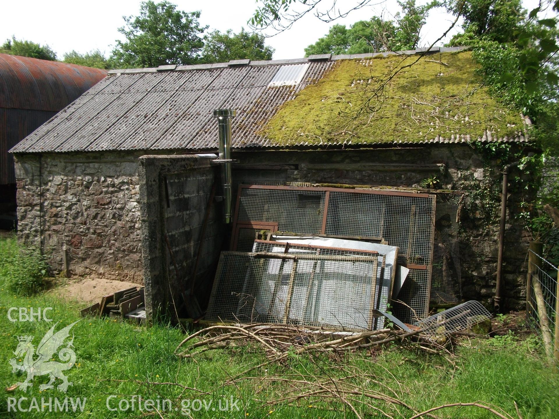 Photograph showing exterior rear elevation of 'ale and pail barn,' at Pant-y-Castell, Maesybont, Photographed by Mark Waghorn to meet a condition attached to planning application.