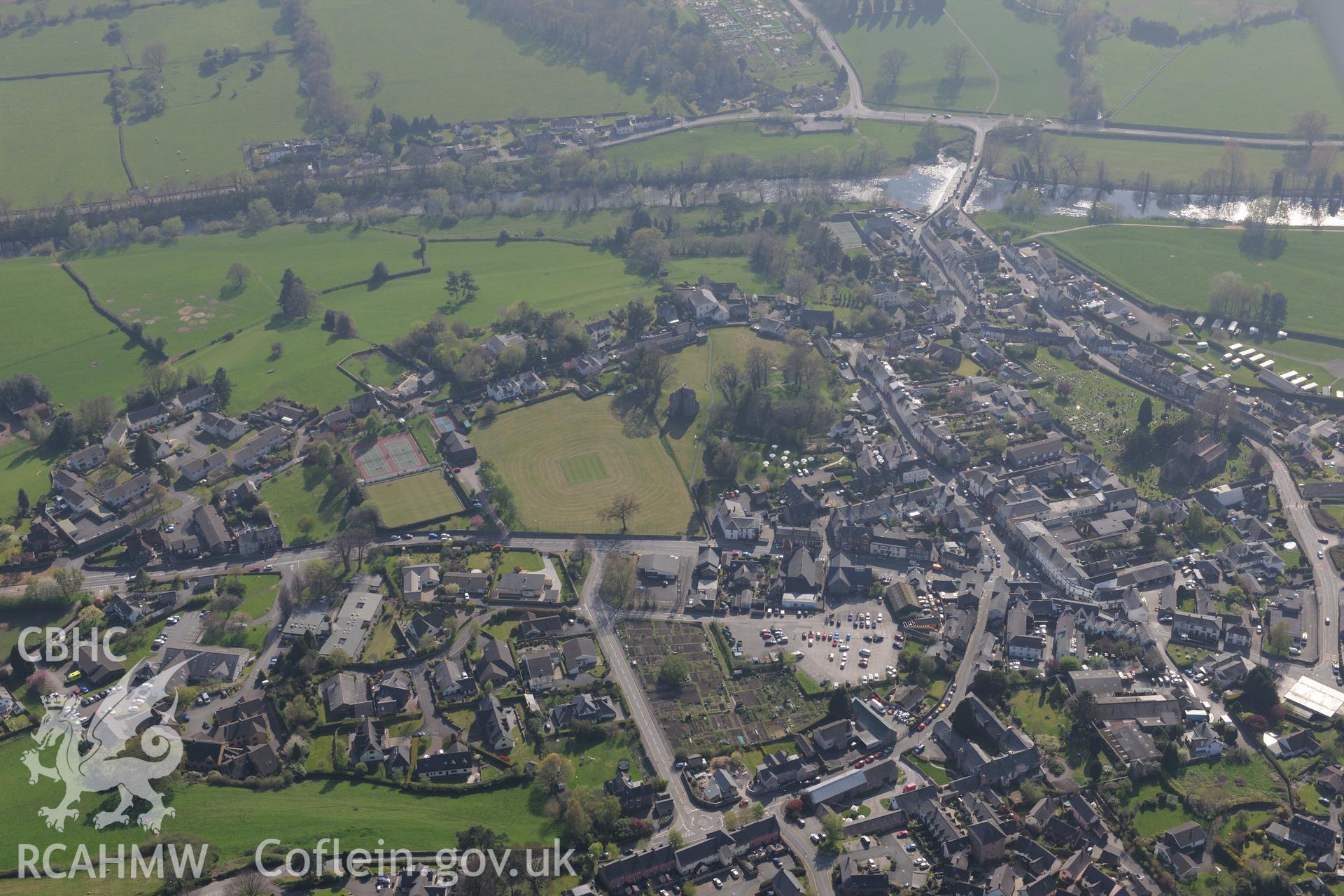 Crickhowell including the castle, Dan-y-Castell House and Danycastell Methodist Chapel. Oblique aerial photograph taken during the Royal Commission's programme of archaeological aerial reconnaissance by Toby Driver on 21st April 2015