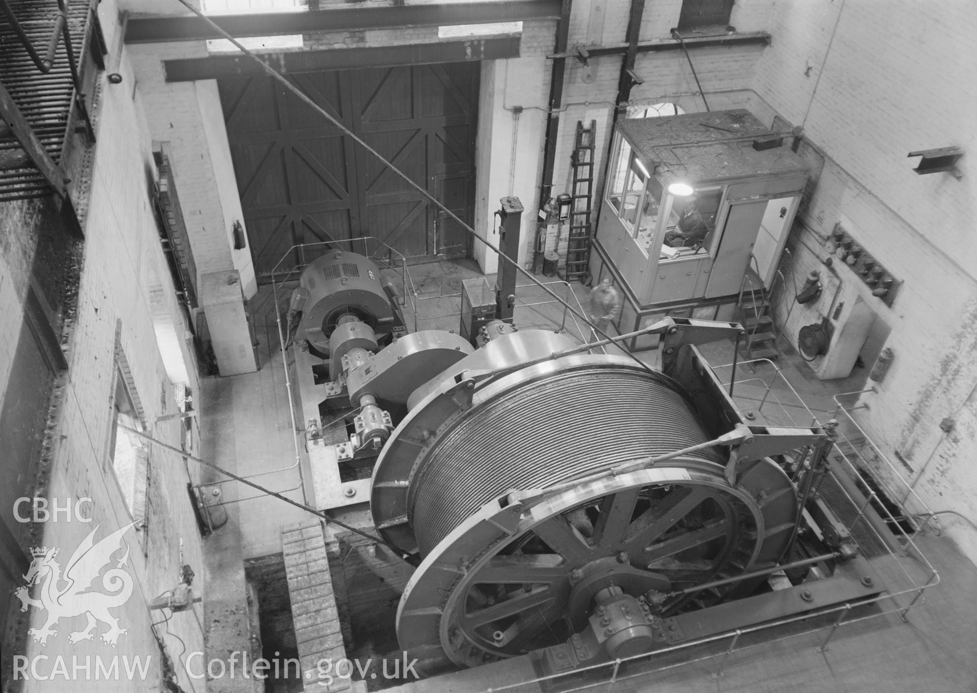 Digital copy of an acetate negative showing electric winding engine at Tirpentwys Colliery, from the John Cornwell Collection.