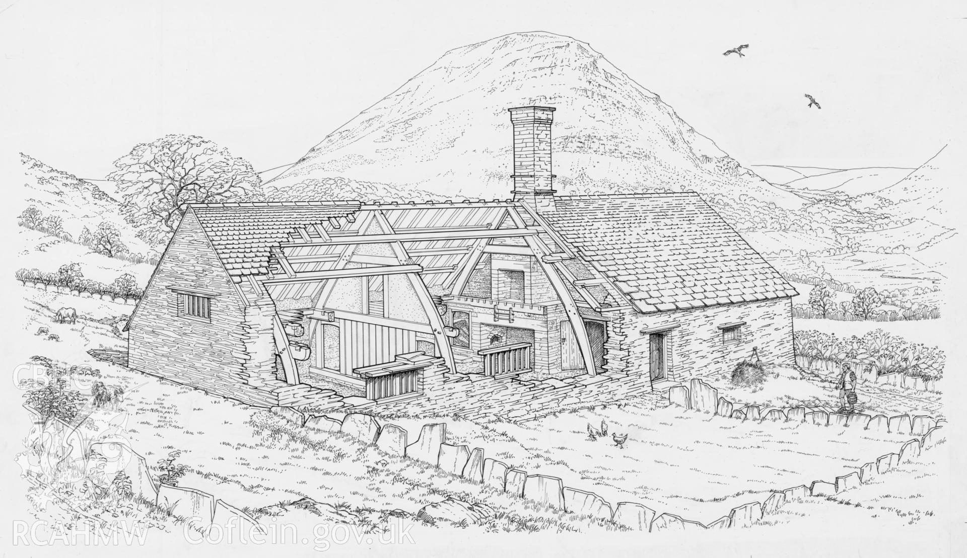 Digital copy of a cutaway reconstruction drawing showing Nannerth-ganol, Llansanffraid Cwmdeuddwr produced by Geoff Ward, October 1990, as published in the RCAHMW volume, Houses and History in the Marches of Wales. Radnorshire 1400-1800, page 184, figure 193.