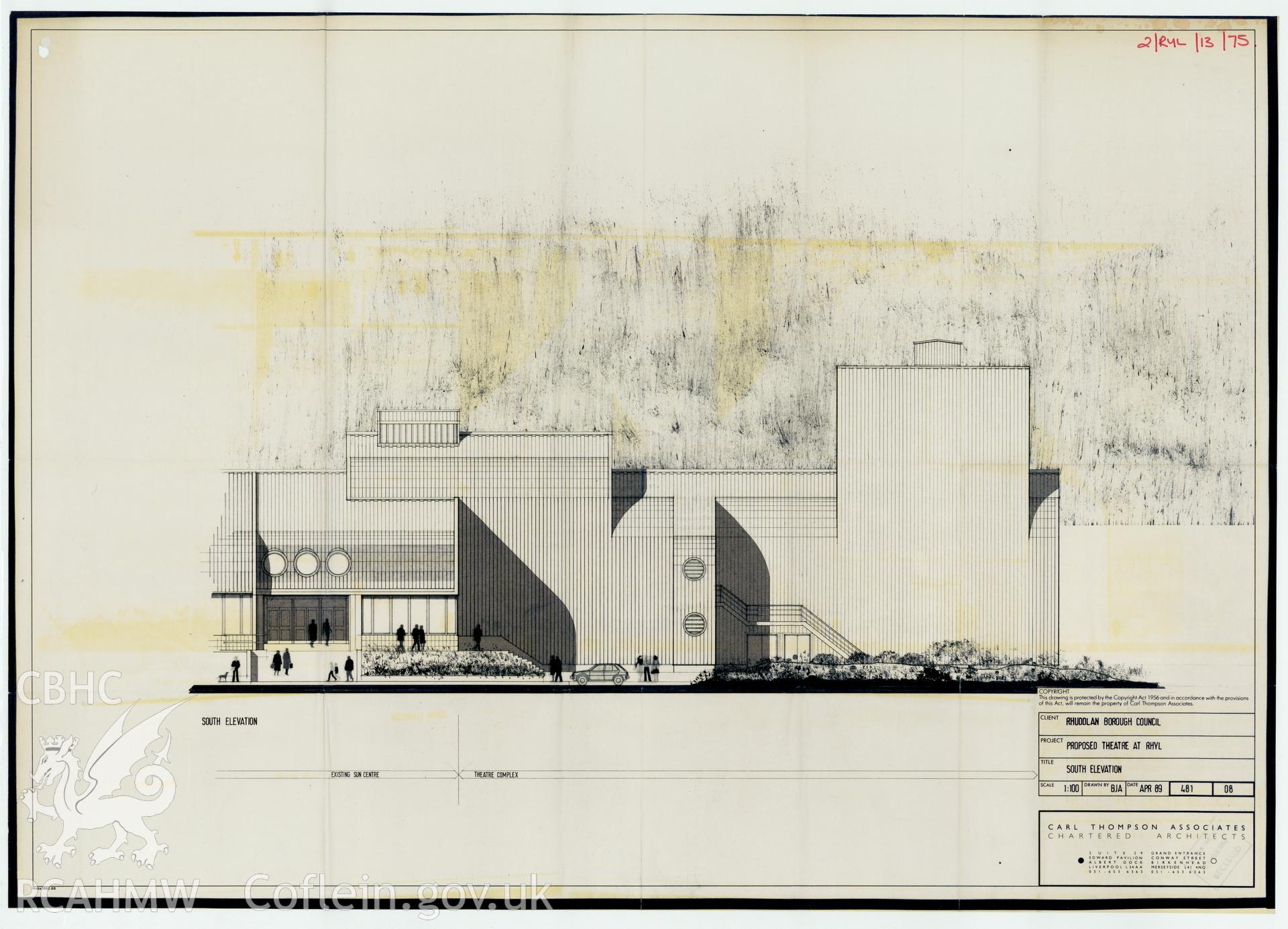 Digital copy of a measured drawing showing the south elevation of the 1989 proposed Theatre, Rhuddlan, produced by Carl Thompson Associates. Loaned for copying by Denbighshire County Council.