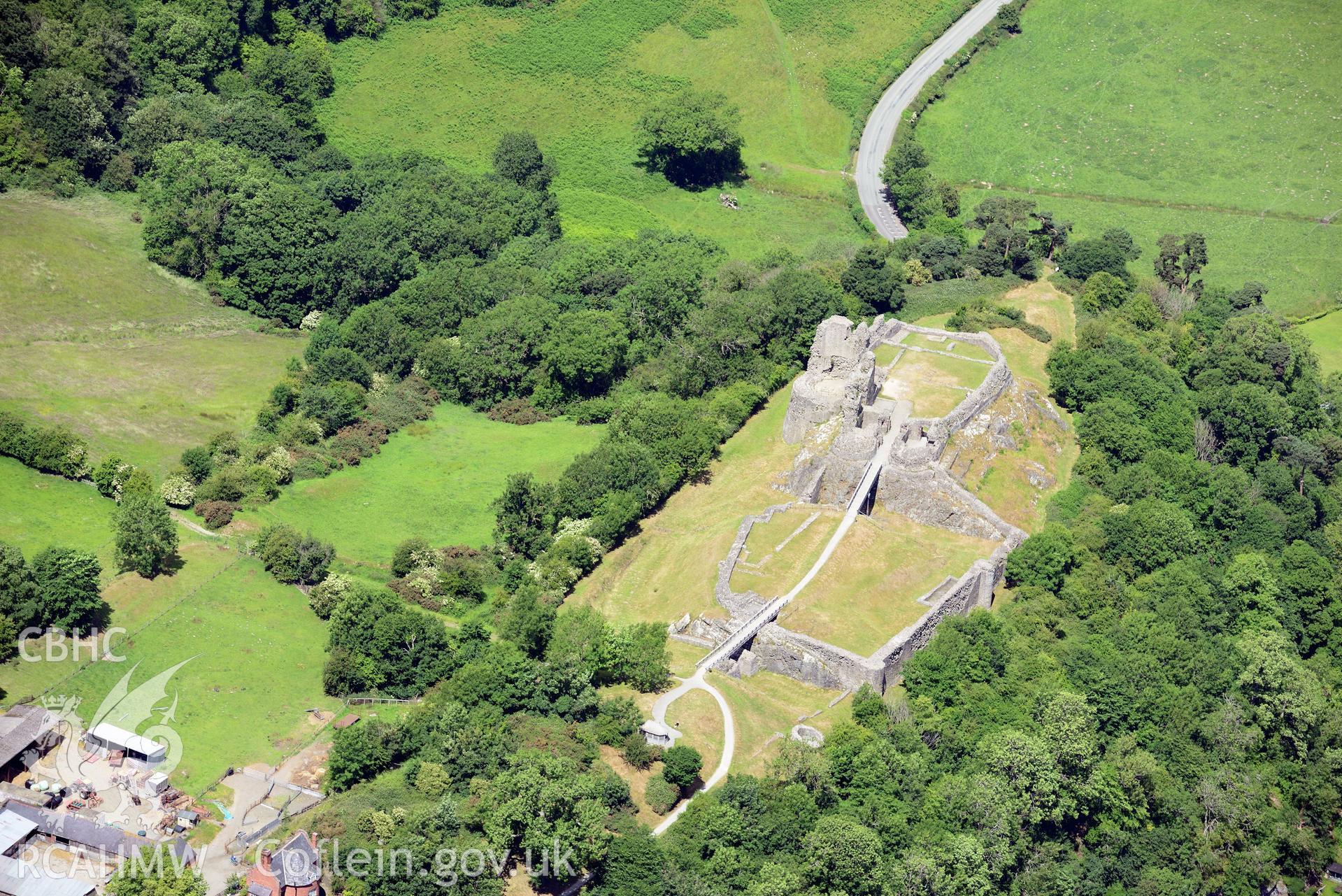 Montgomery Castle. Oblique aerial photograph taken during the Royal Commission's programme of archaeological aerial reconnaissance by Toby Driver on 30th June 2015.