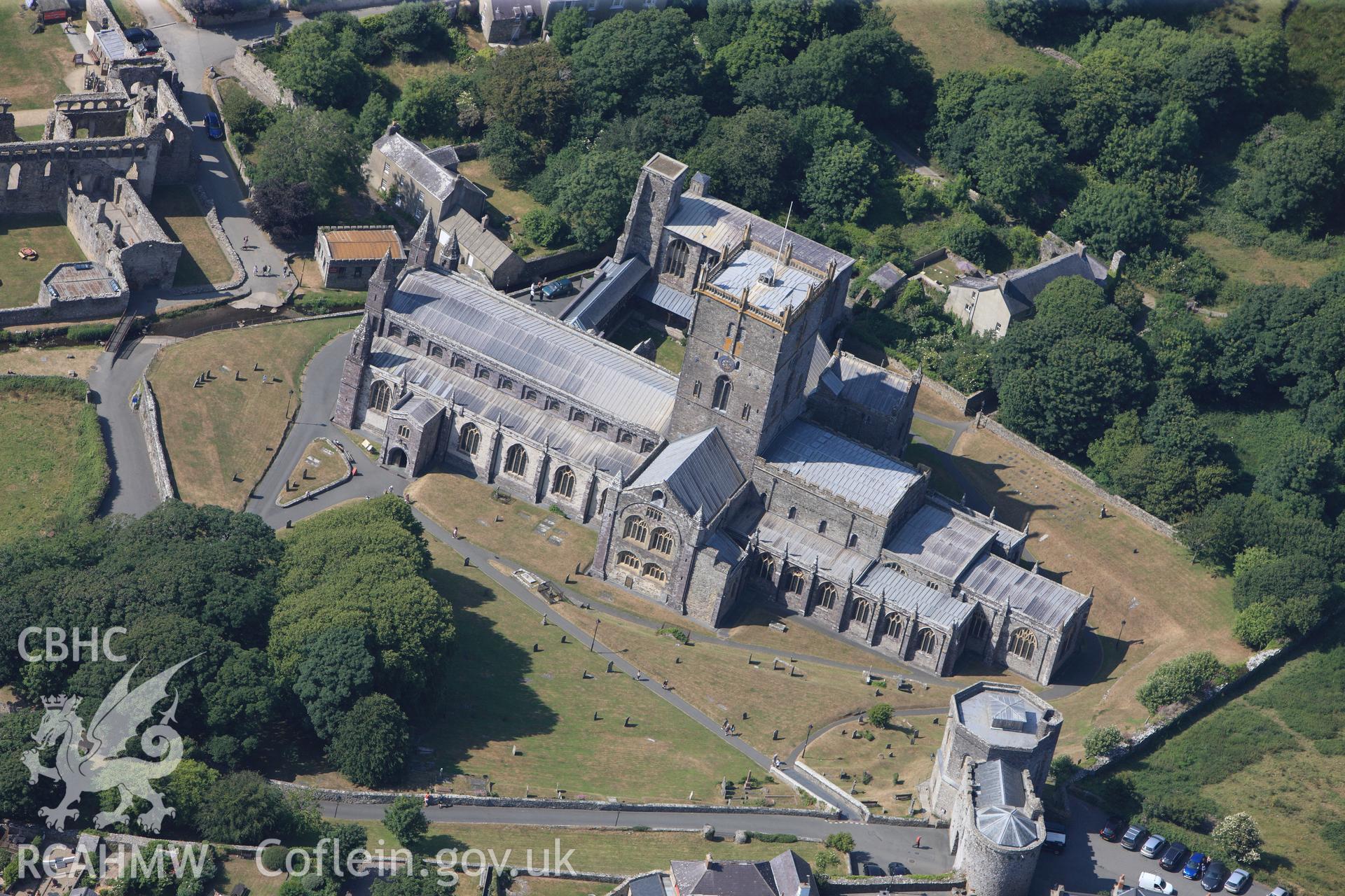 St Davids Cathedral and St Davids Close, Porth y Twr (gatehouse). Oblique aerial photograph taken during the Royal Commission?s programme of archaeological aerial reconnaissance by Toby Driver on 16th July 2013.