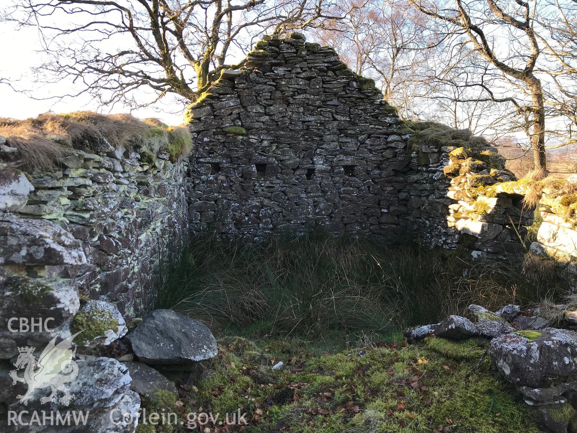 Detailed view of the interior of the ruined Castell stone cottage, south west of Bryneithinog farm, Ystrad Fflur. Colour photograph taken by Paul R. Davis on 18th November 2018.