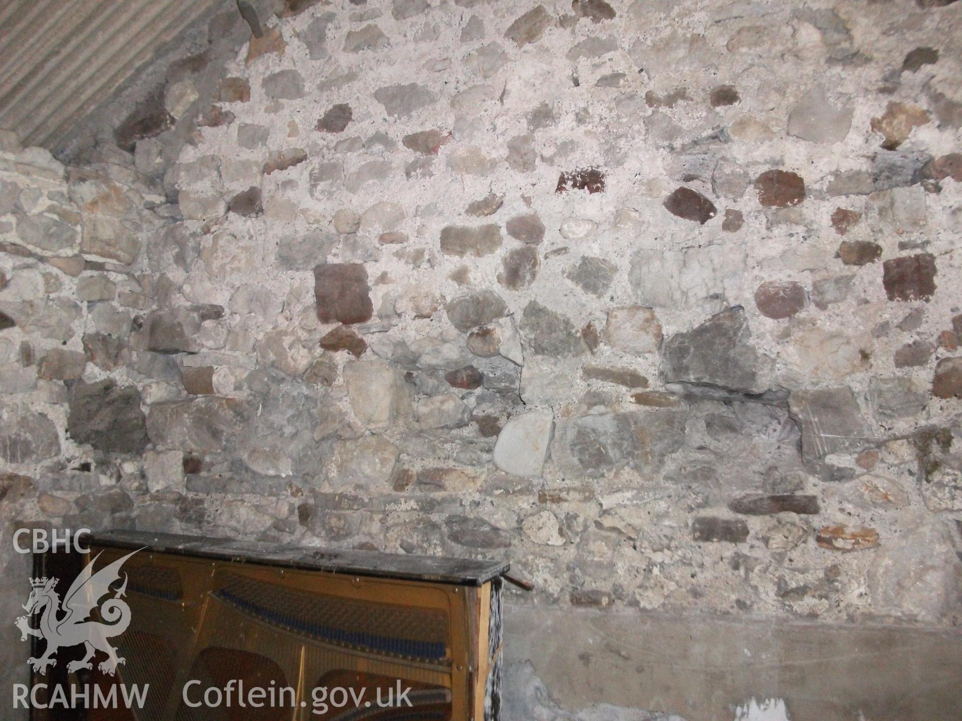 Photograph showing detailed interior view of ale and pail barn's stone wall, at Pant-y-Castell, Maesybont, Photographed by Mark Waghorn to meet a condition attached to planning application.