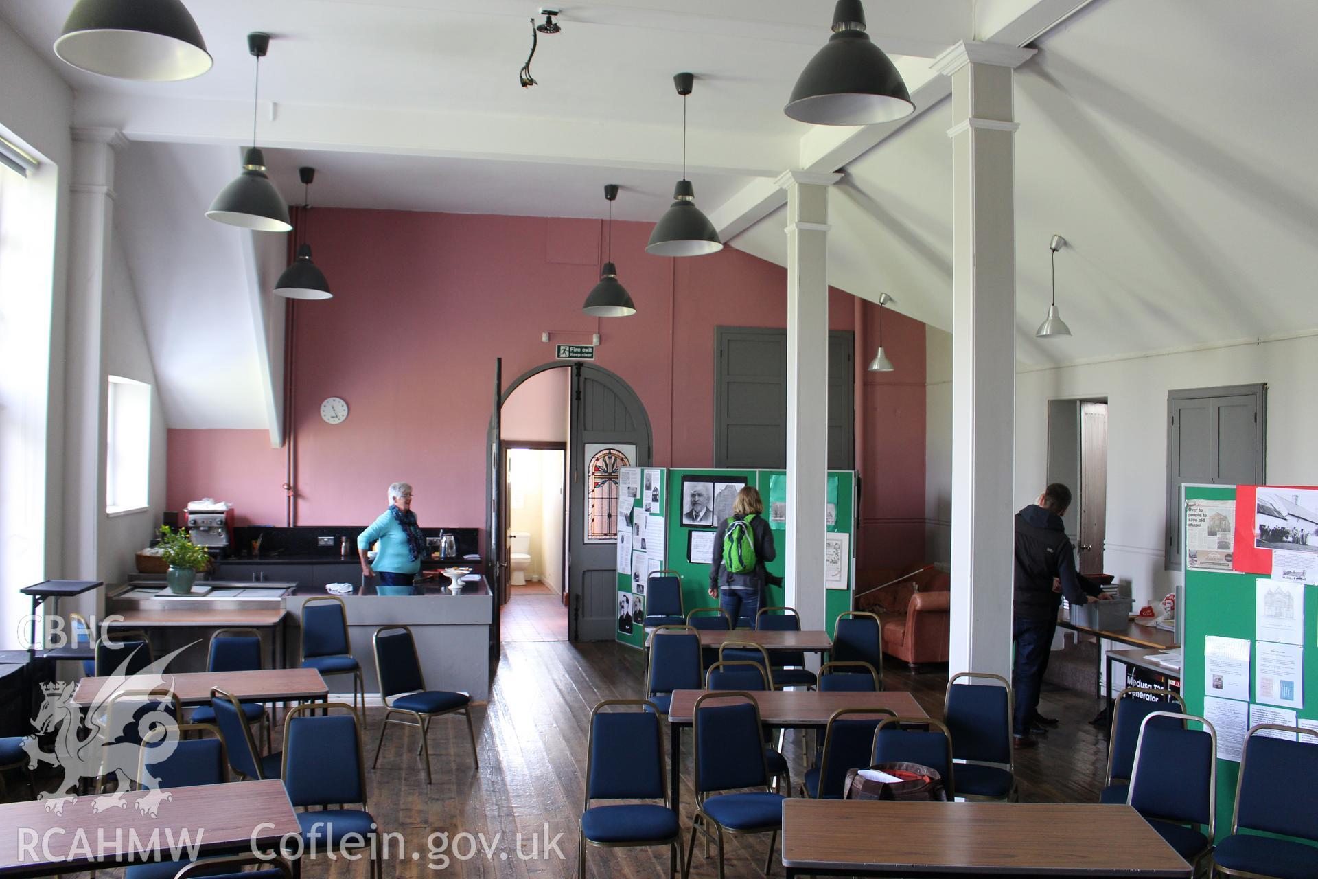 Colour photograph showing interior view of the vestry at Mynydd Bach Independent Chapel, Treboeth, Swansea. Taken during photographic survey conducted by Sue Fielding on 13th May 2017.