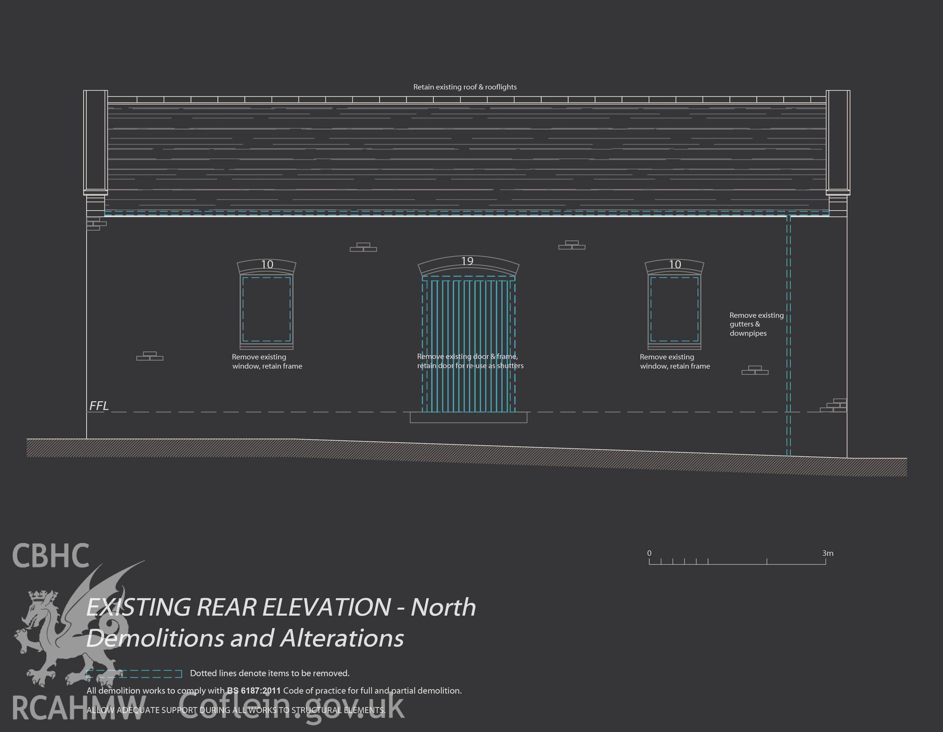 Graphic of the existing rear elevation used in report illustrations prepared as part of CPAT Project 2356: Brook House Tank, Leighton, Powys - Building Survey, 2019. Report no. 1645.