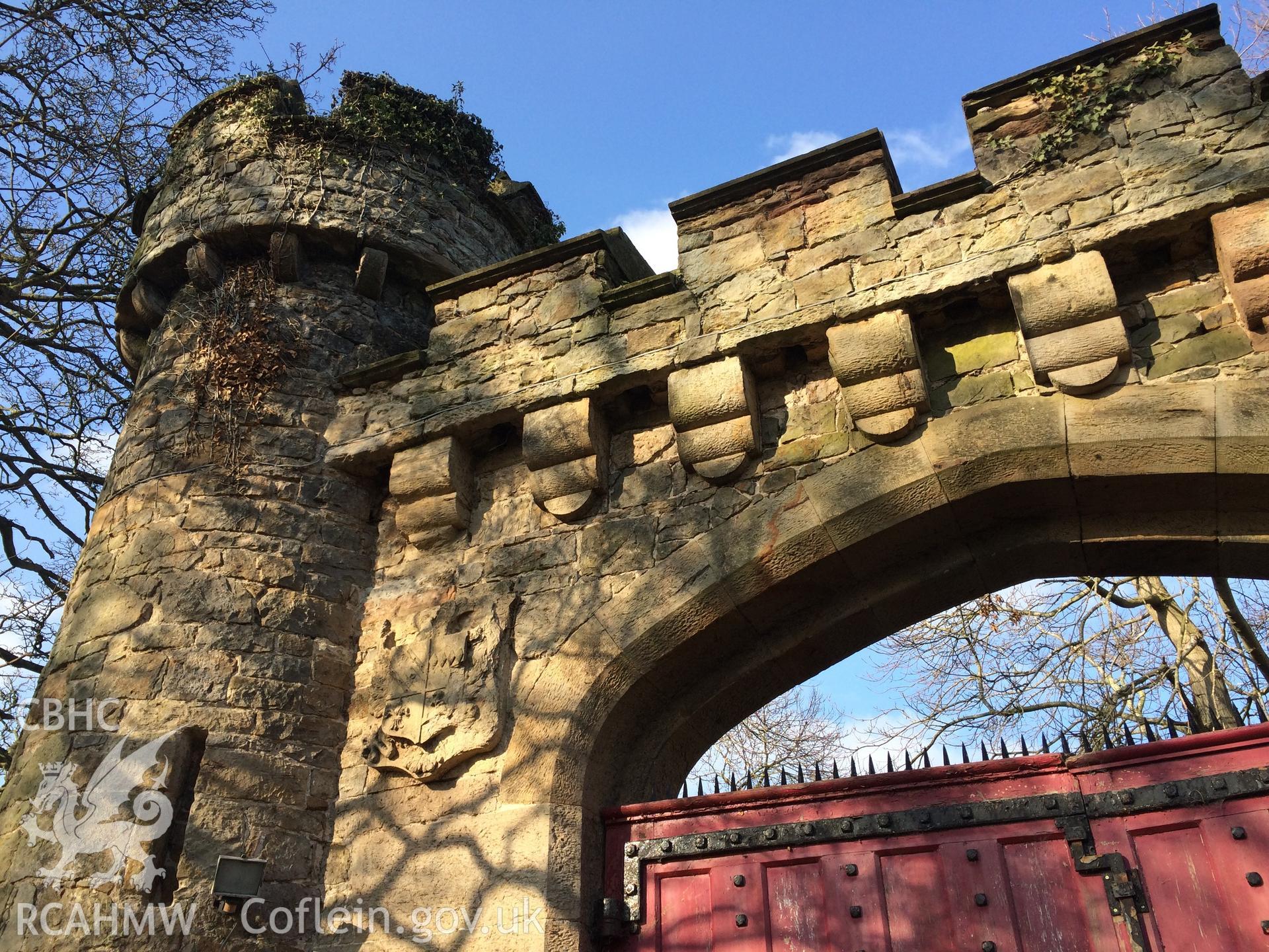 Colour photograph showing view of Hawarden Castle Park Gates, taken by Paul R. Davis, February 2018.