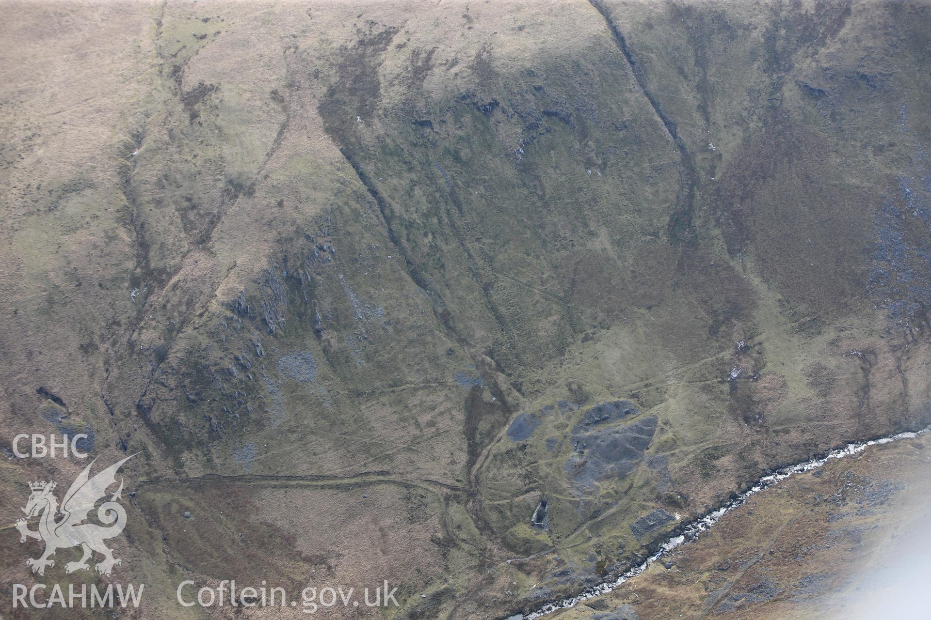 Nantycar copper and lead mine, south west of Rhayader. Oblique aerial photograph taken during the Royal Commission?s programme of archaeological aerial reconnaissance by Toby Driver on 28th February 2013.