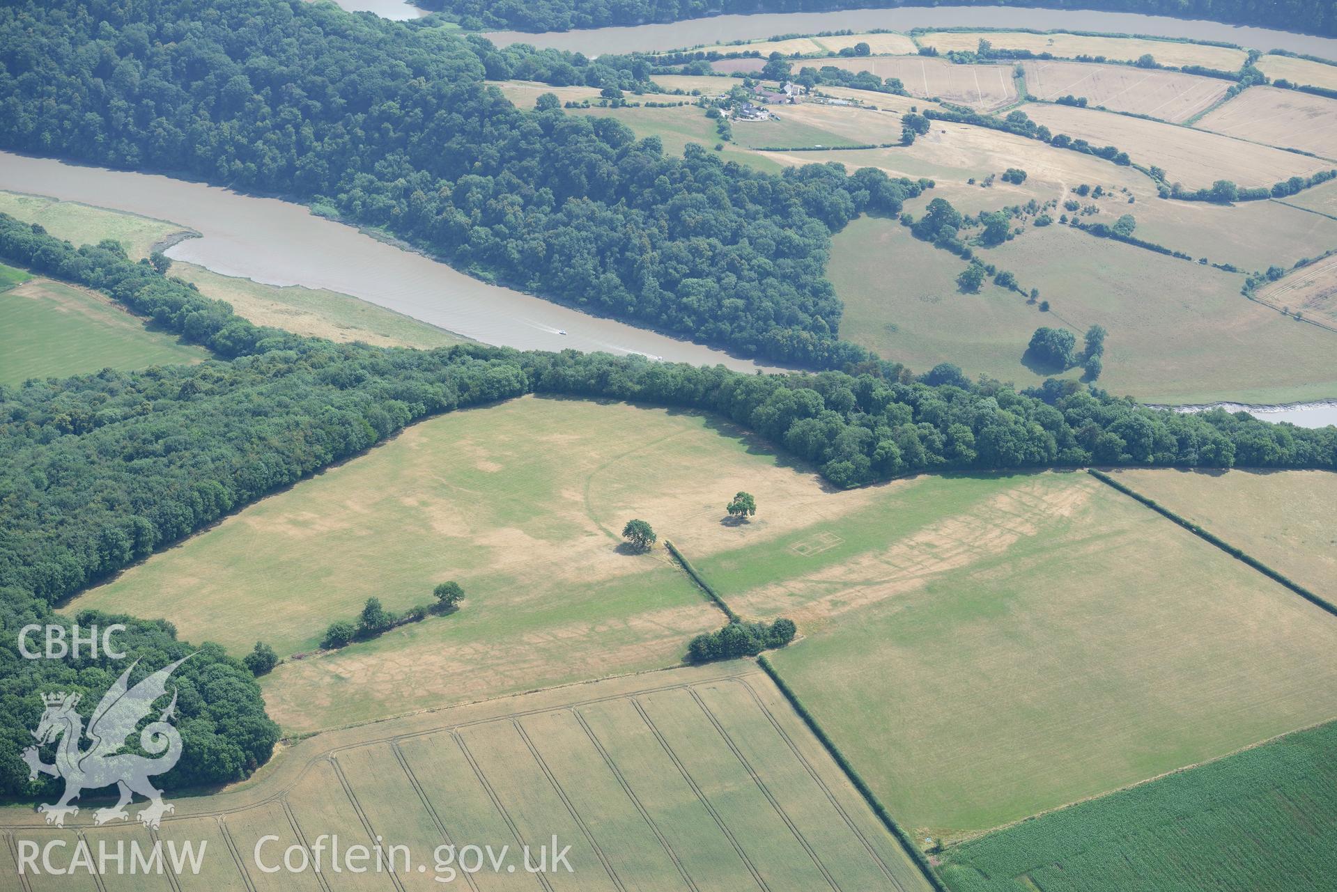 Royal Commission aerial photography of Wyndcliff Roman villa and enclosures taken on 19th July 2018 during the 2018 drought.