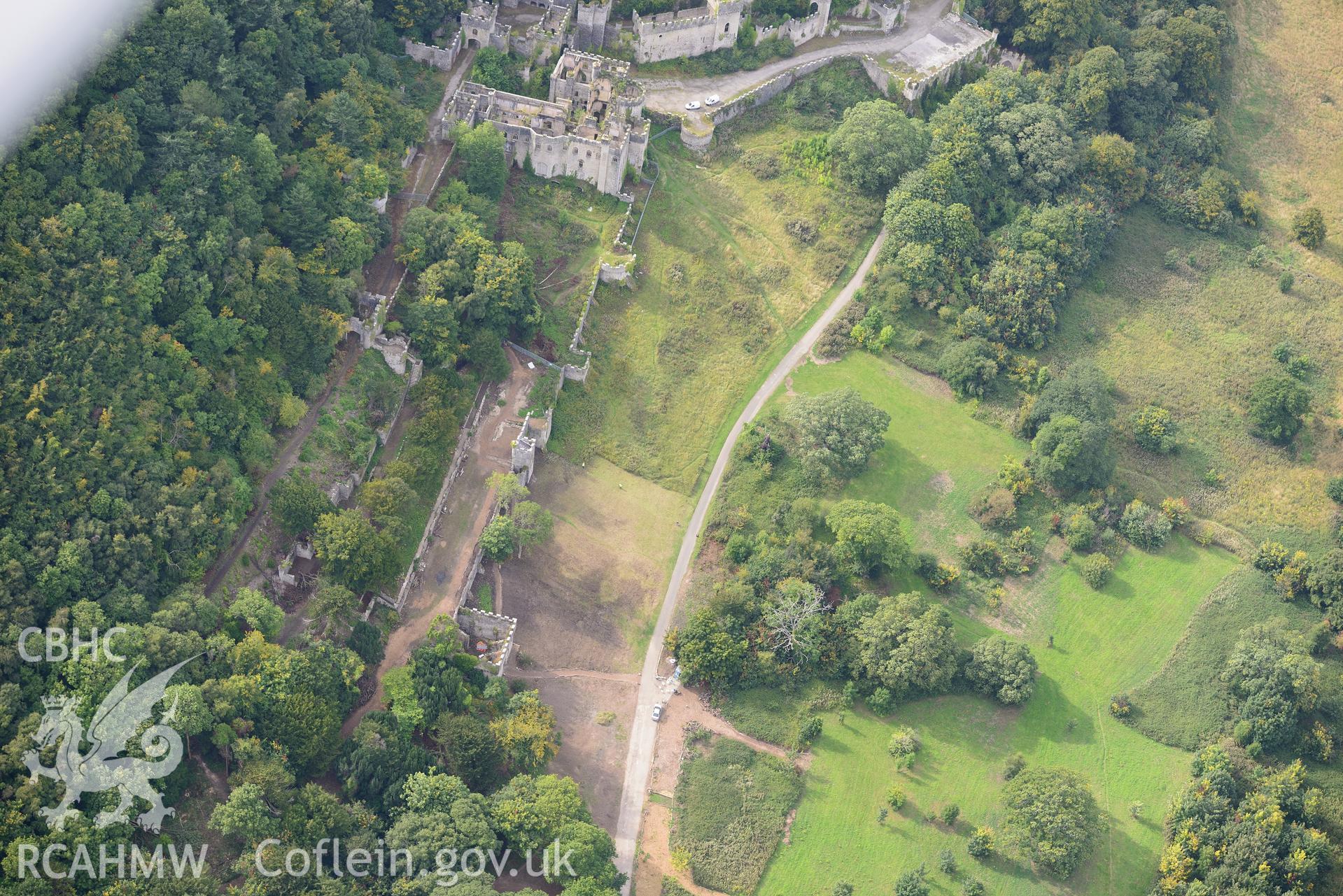 Gwrych castle and garden. Oblique aerial photograph taken during the Royal Commission's programme of archaeological aerial reconnaissance by Toby Driver on 11th September 2015.