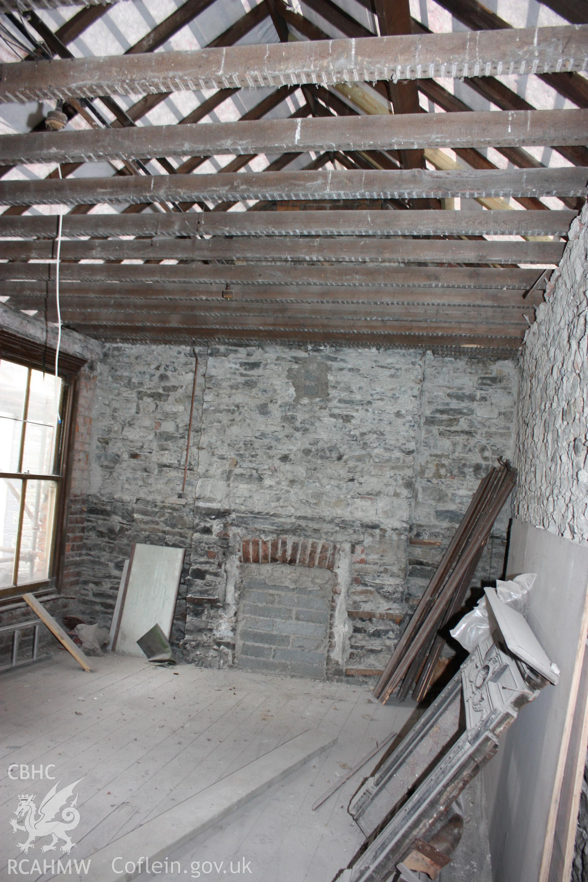 Colour photograph showing interior view of rear extension to the first floor at the Old Auction Rooms/ Liberal Club in Aberystwyth. Photographic survey conducted by Geoff Ward on 9th June 2010 during repair work prior to conversion into flats.