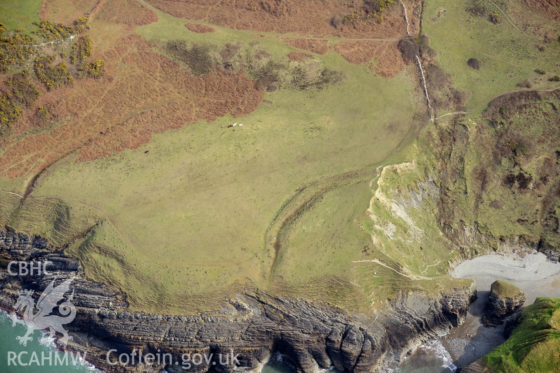 Aerial photography of Castell Bach taken on 27th March 2017 to monitor coastal erosion. Baseline aerial reconnaissance survey for the CHERISH Project. ? Crown: CHERISH PROJECT 2019. Produced with EU funds through the Ireland Wales Co-operation Programme 2014-2020. All material made freely available through the Open Government Licence.