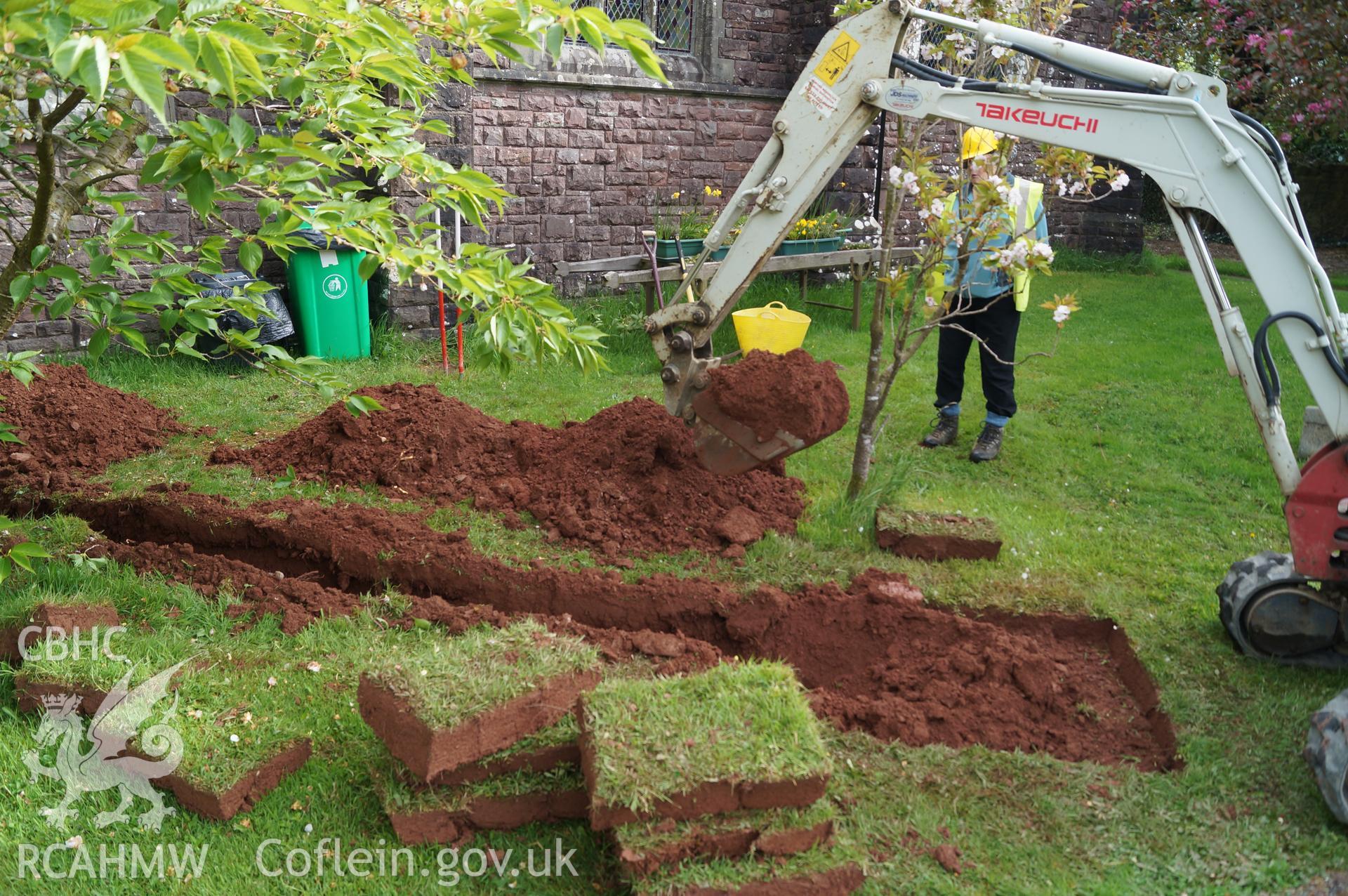 'Trench 1 with starting excavation of soakway at southeast end, looking northeast' at Capel Gwynfe, Llangadod. Photograph and description by Jenny Hall and Paul Sambrook of Trysor, May 2018.