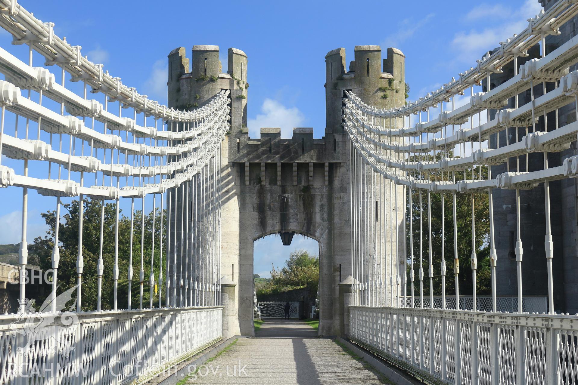 Investigator Photographs of Conwy Suspension Bridge. View from centre span towards the gatekeeper's cottage.
