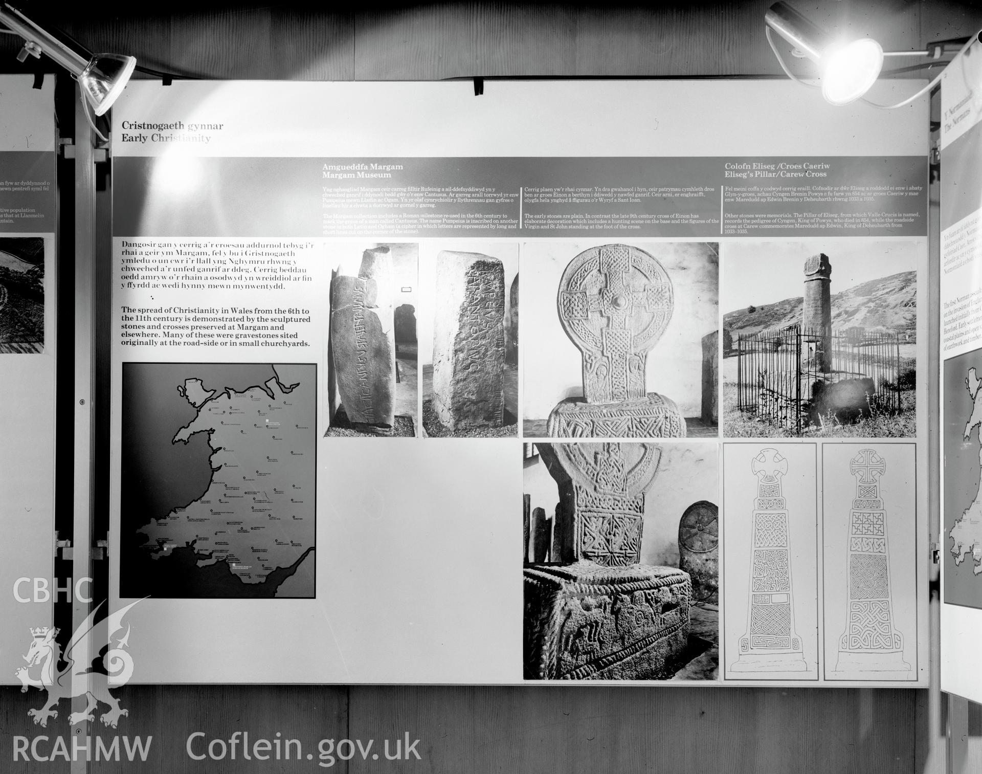 Digital copy of a black and white negative showing Ancient Monuments in Wales Exhibition, Aberystwyth. From Cadw Monuments in Care Collection.