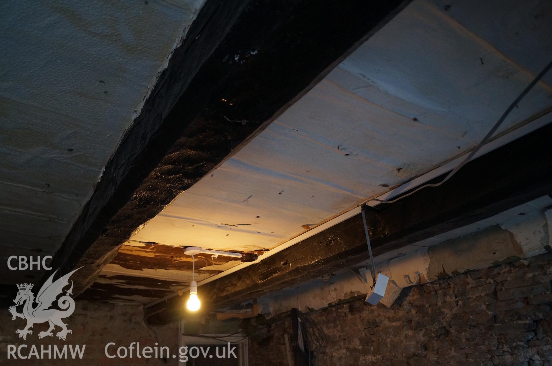 View 'looking northwest at the ceiling of the front room annex' on Gwrlodau Farm, Llanbedr, Crickhowell. Photograph and description by Jenny Hall and Paul Sambrook of Trysor, 9th February 2018.