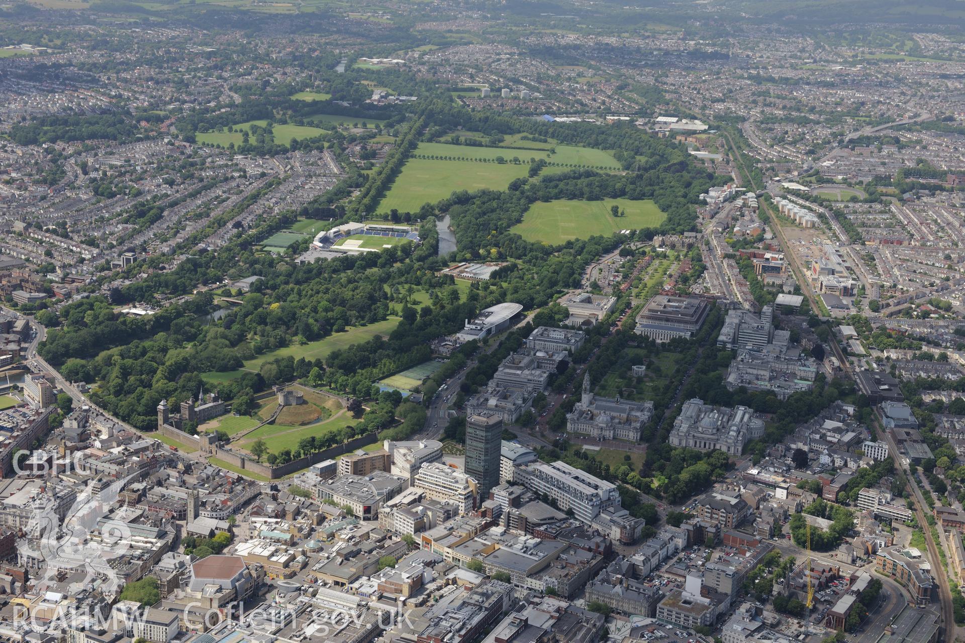 Cardiff Castle; National Museum, City Hall, Sophia Gardens cricket grounds and Pontcanna fields, Cardiff. Oblique aerial photograph taken during the Royal Commission's programme of archaeological aerial reconnaissance by Toby Driver on 29th June 2015.