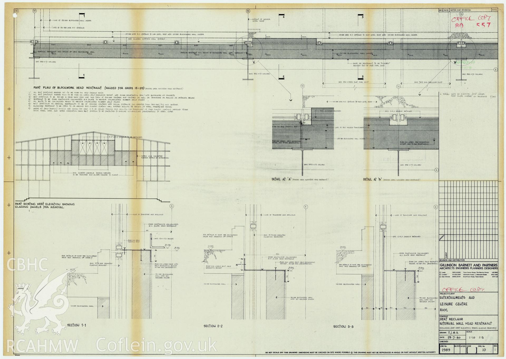 Digital copy of a measured drawing showing heat reclamation details of internal wall head restraint of the entertainment complex at Rhyl Sun Centre and Theatre, produced by Gillinson Barnett & Partners  1980. Loaned for copying by Denbighshire County Council.