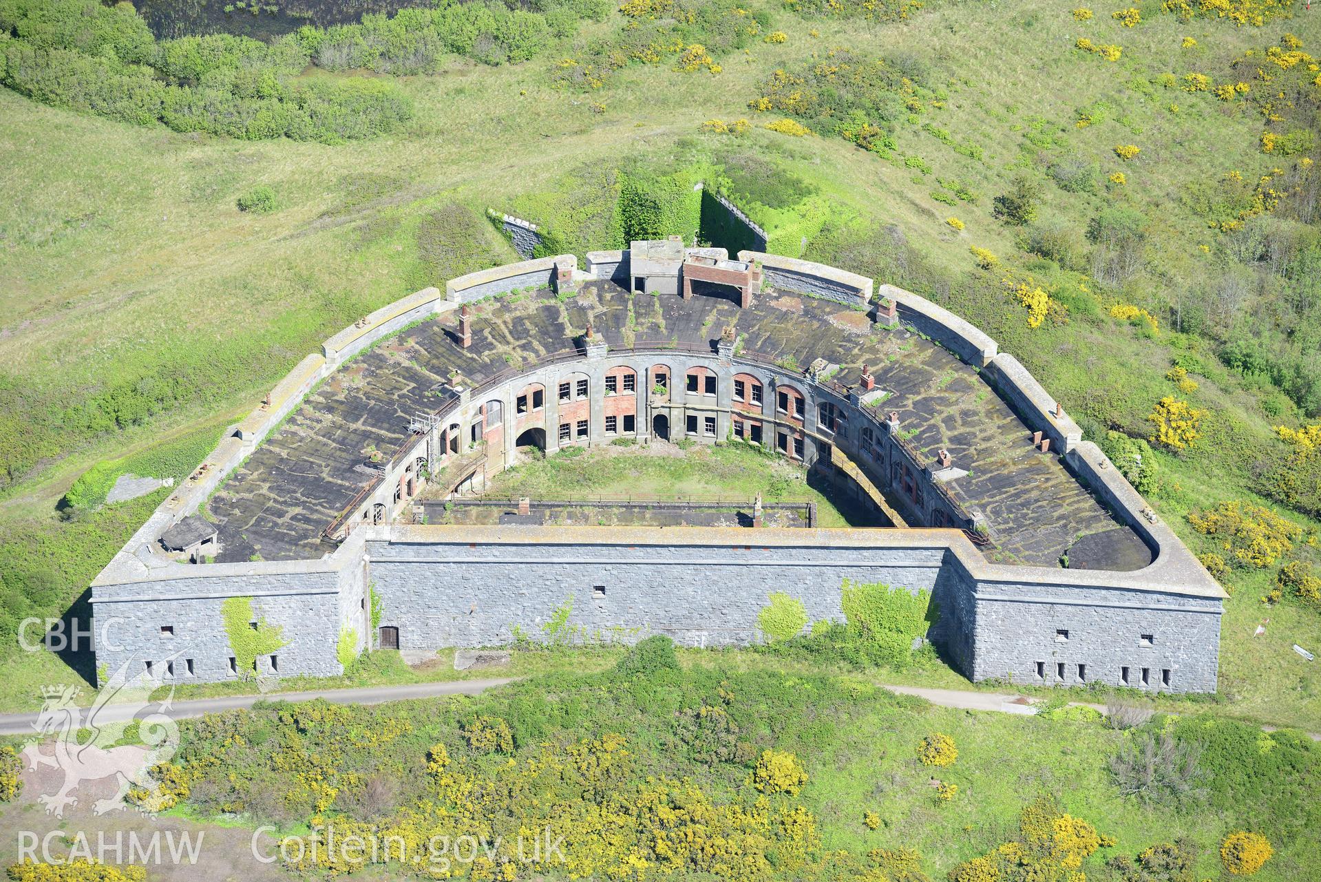 South Hook fort, Milford Haven. Oblique aerial photograph taken during the Royal Commission's programme of archaeological aerial reconnaissance by Toby Driver on 13th May 2015.