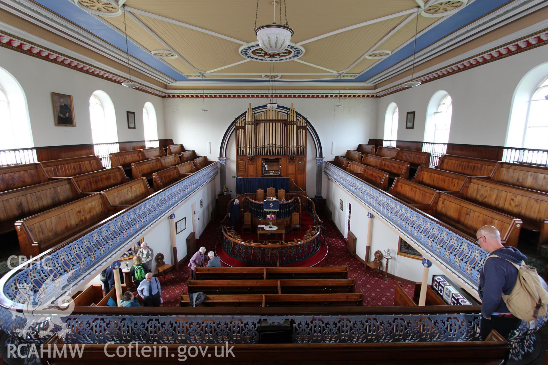 Interior view from first floor balcony showing the pulpit and organ. Photographic survey of Seion Welsh Baptist Chapel, Morriston, conducted by Sue Fielding on 13th May 2017.