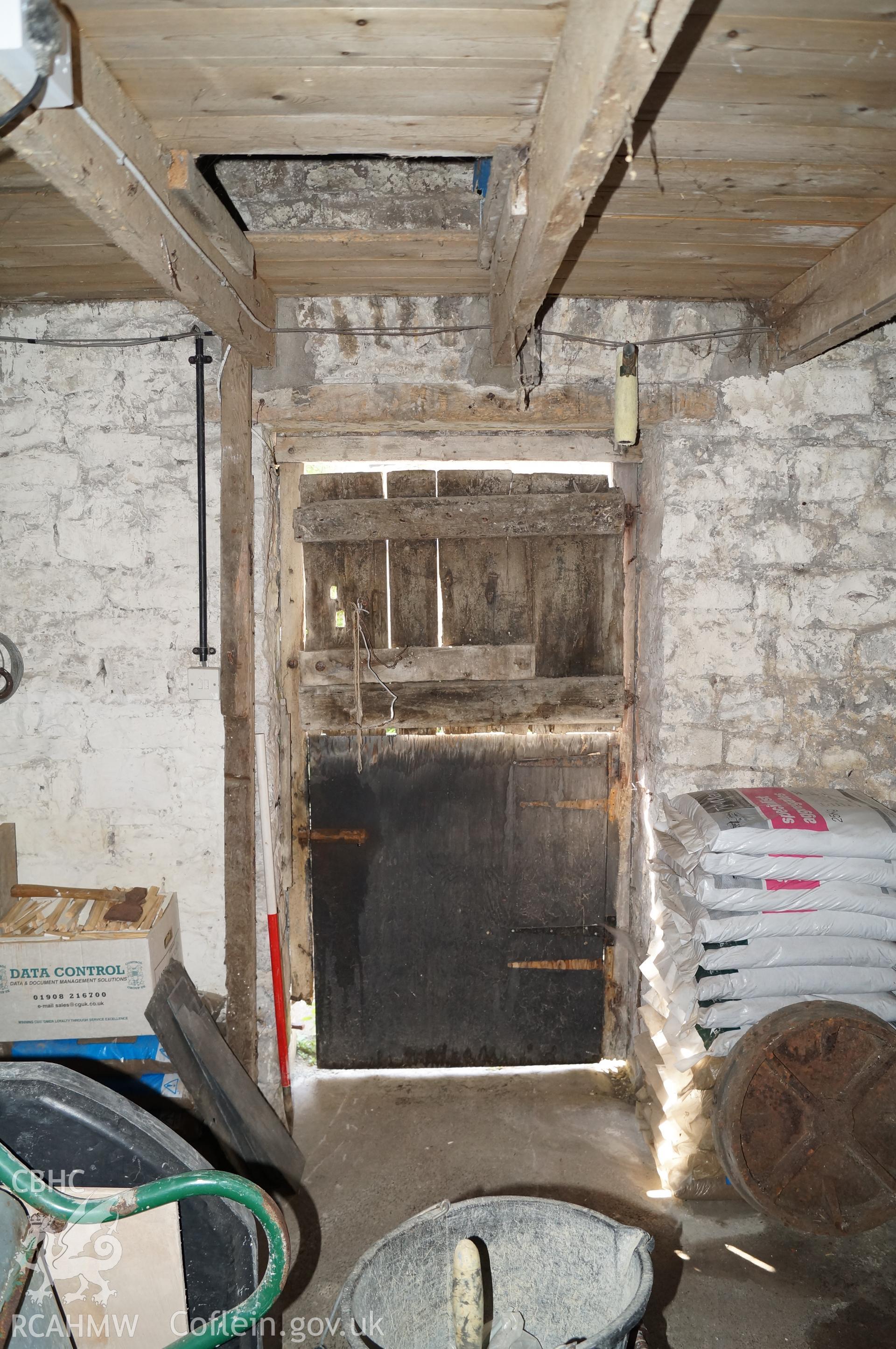 'Internal view looking south southeast at the doorway in the southern wall of barn' at Rowley Court, Llantwit Major. Photograph & description by Jenny Hall & Paul Sambrook of Trysor, 25th May 2017.