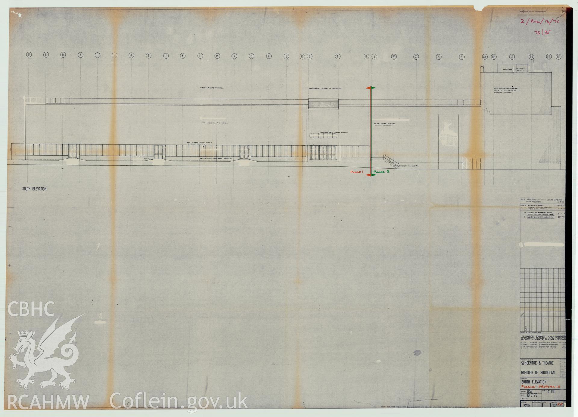 Digital copy of a measured drawing showing south elevation phasing proposals for the Sun Centre, Rhyl, produced by Gillinson Barnett and Partners. Loaned for copying by Denbighshire County Council.