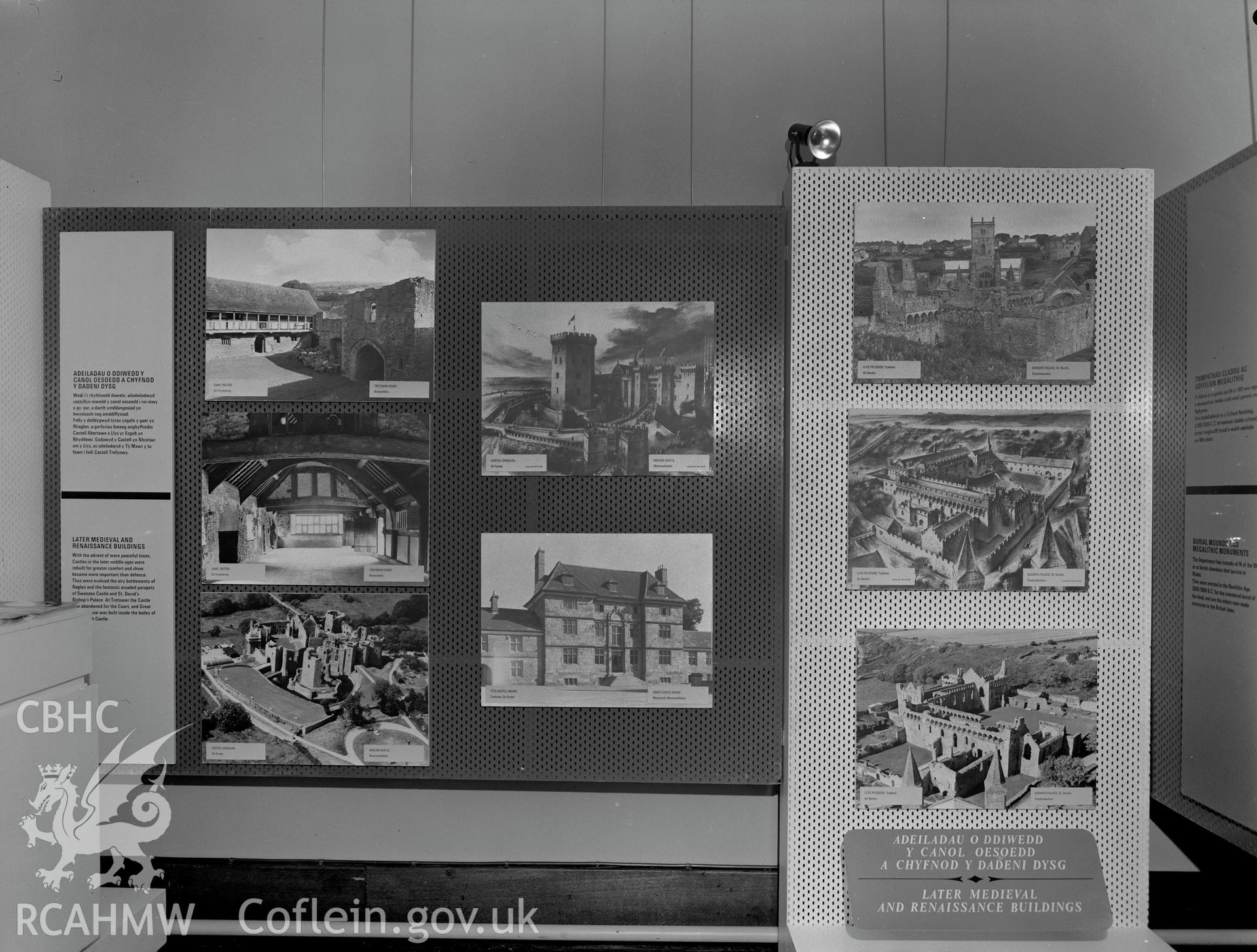 Digital copy of a black and white negative showing Ancient Monuments Exhibition, Welsh Tourer, Vivian Art Gallery, Swansea. From Cadw Monuments in Care Collection.