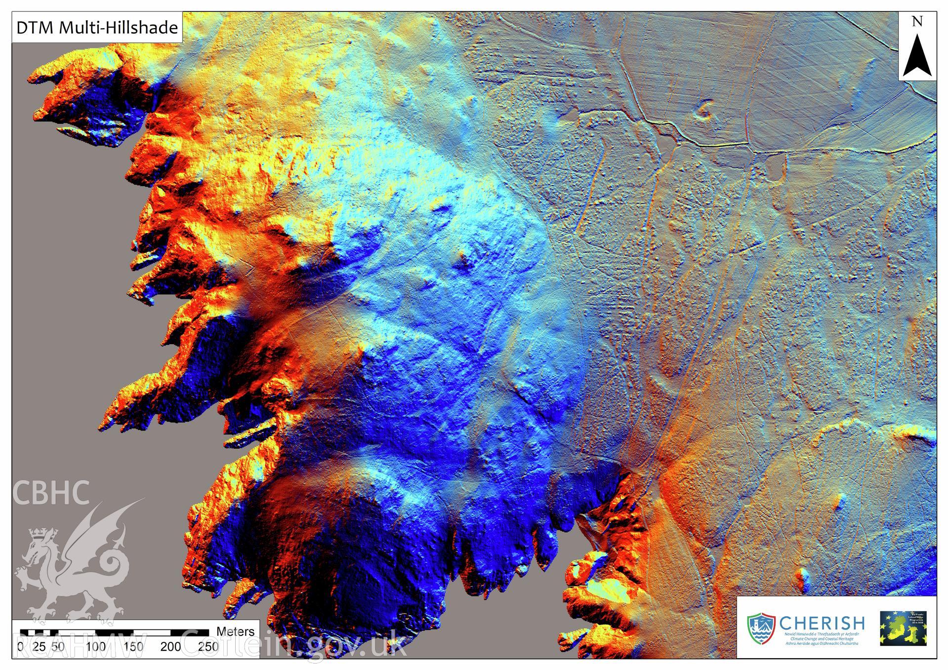 Ramsey Island. Airborne laser scanning (LiDAR) commissioned by the CHERISH Project 2017-2021, flown by Bluesky International LTD at low tide on 24th February 2017. View showing Digital Terrain Model (DTM) of Carn Llundain field systems with multi-hill shading.