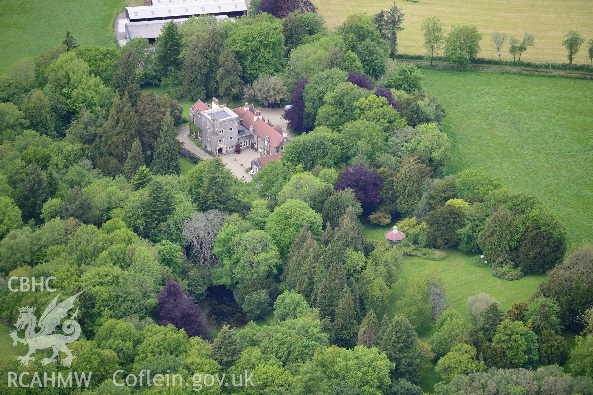 Maes-y-Crugiau Manor and Gardens, Llanllwni. Oblique aerial photograph taken during the Royal Commission's programme of archaeological aerial reconnaissance by Toby Driver on 3rd June 2015.