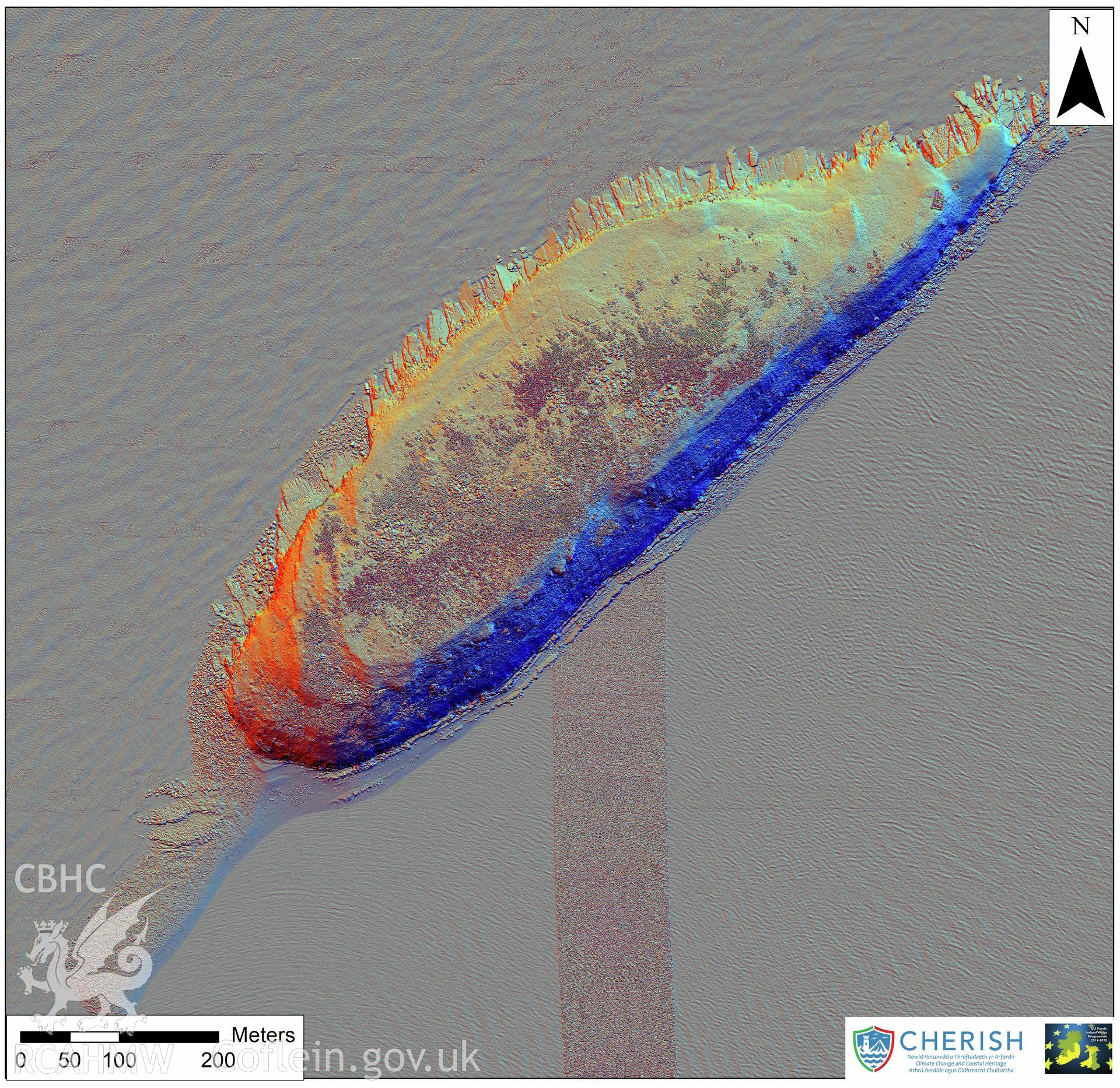 Ynys Seiriol (Puffin Island). Airborne laser scanning (LiDAR) commissioned by the CHERISH Project 2017-2021, flown by Bluesky International LTD at low tide on 24th February 2017. Digital Surface Model (DSM) showing whole of the island with multi hill shading.