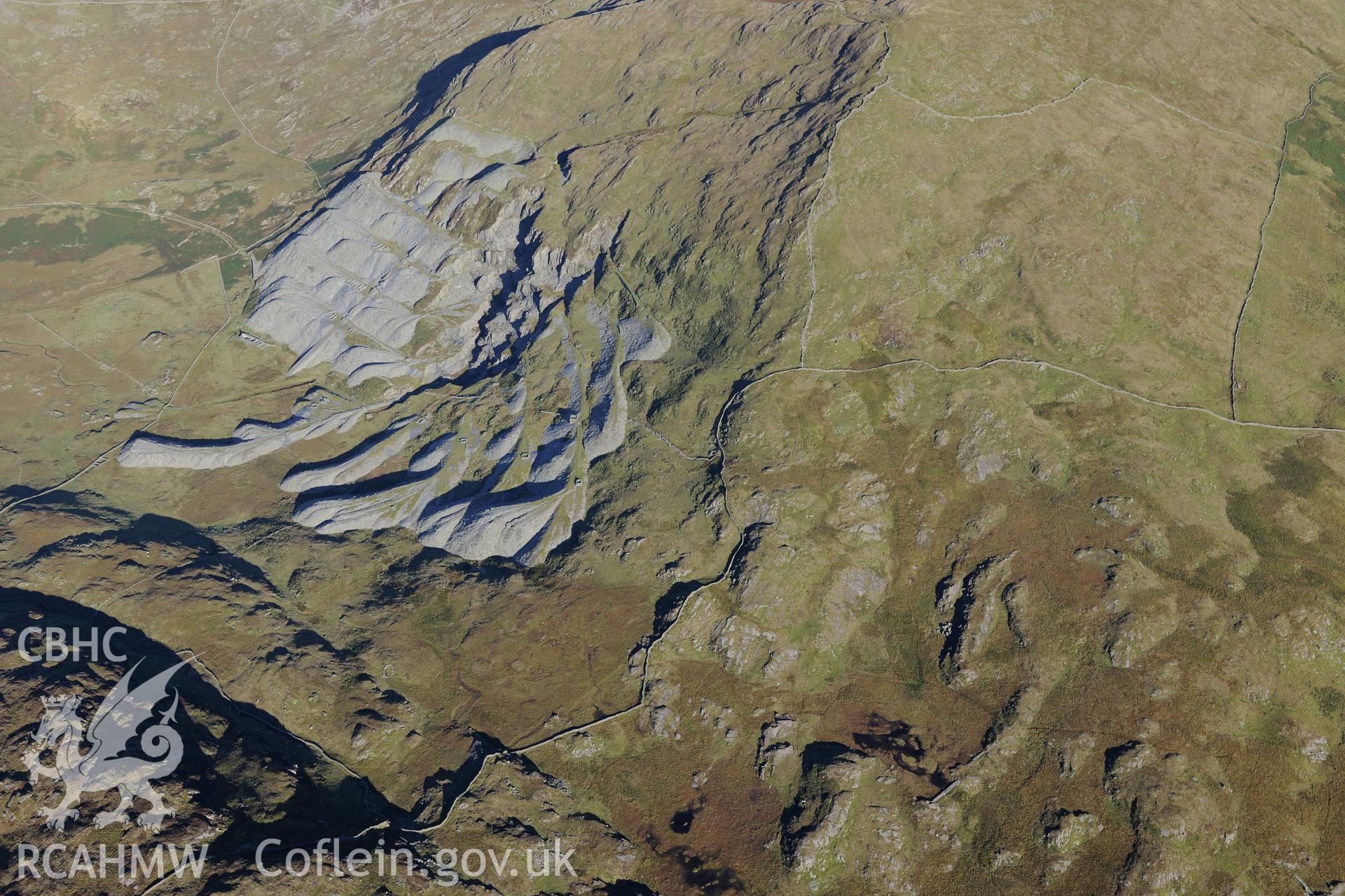 Gorseddau slate quarry, Dolbenmaen. Oblique aerial photograph taken during the Royal Commission's programme of archaeological aerial reconnaissance by Toby Driver on 2nd October 2015.