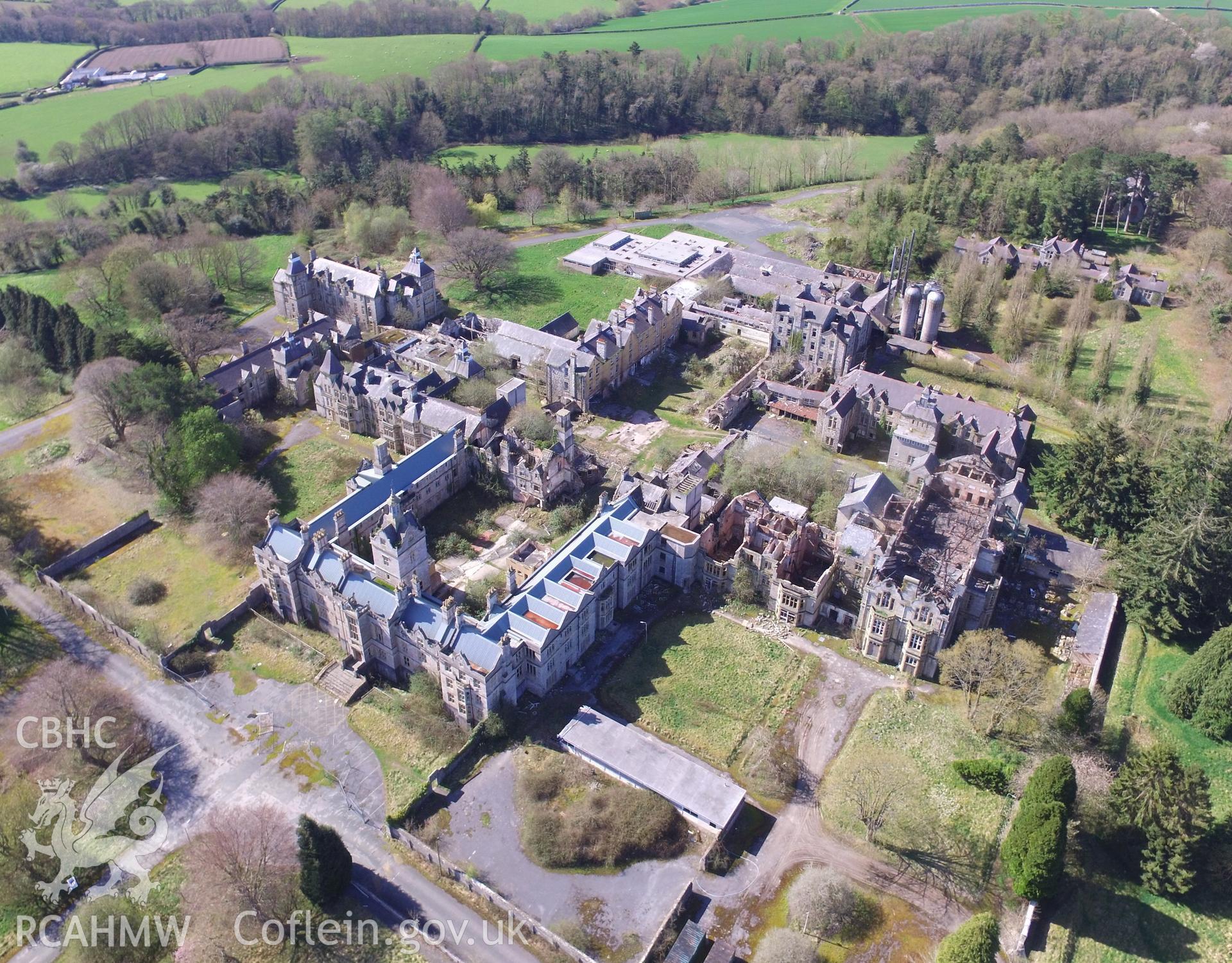 Colour photo showing aerial view of North Wales Counties Mental Hospital complex, Denbigh, taken by Paul R. Davis, 20th April 2018.