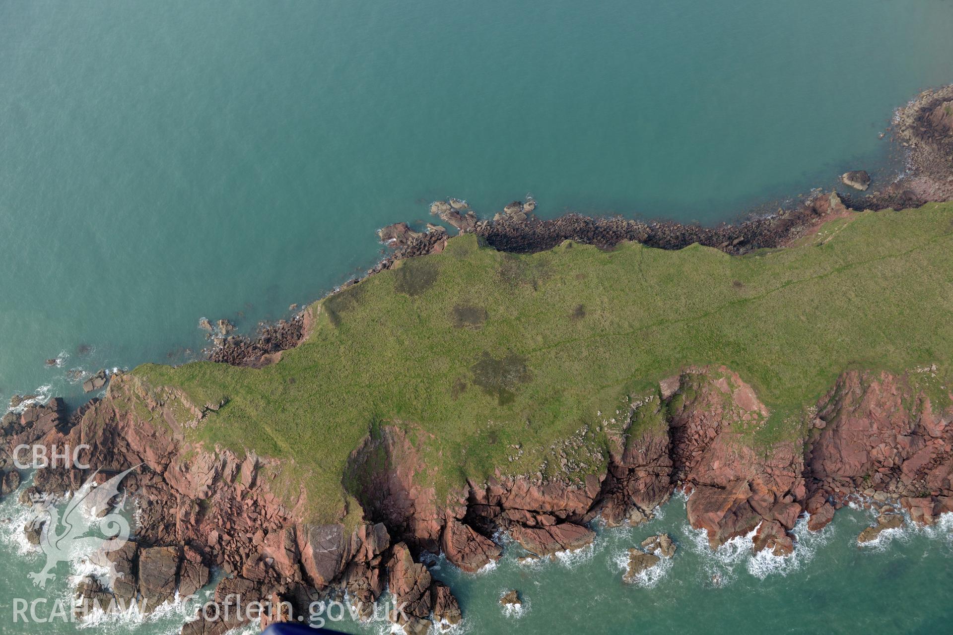 Aerial photography of Gateholm taken on 27th March 2017. Baseline aerial reconnaissance survey for the CHERISH Project. ? Crown: CHERISH PROJECT 2019. Produced with EU funds through the Ireland Wales Co-operation Programme 2014-2020. All material made freely available through the Open Government Licence.