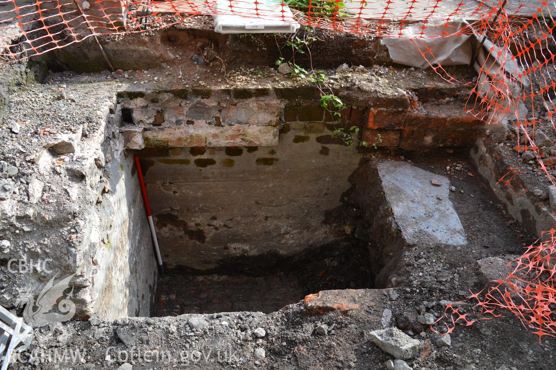 Digital colour photograph showing view from the south west showing partially excavated cellar void. Photographed as part of CPAT Project 2351: 2 Severn Street, Welshpool, Powys - Archaeological Watching Brief, 2019. Report no. 1663.