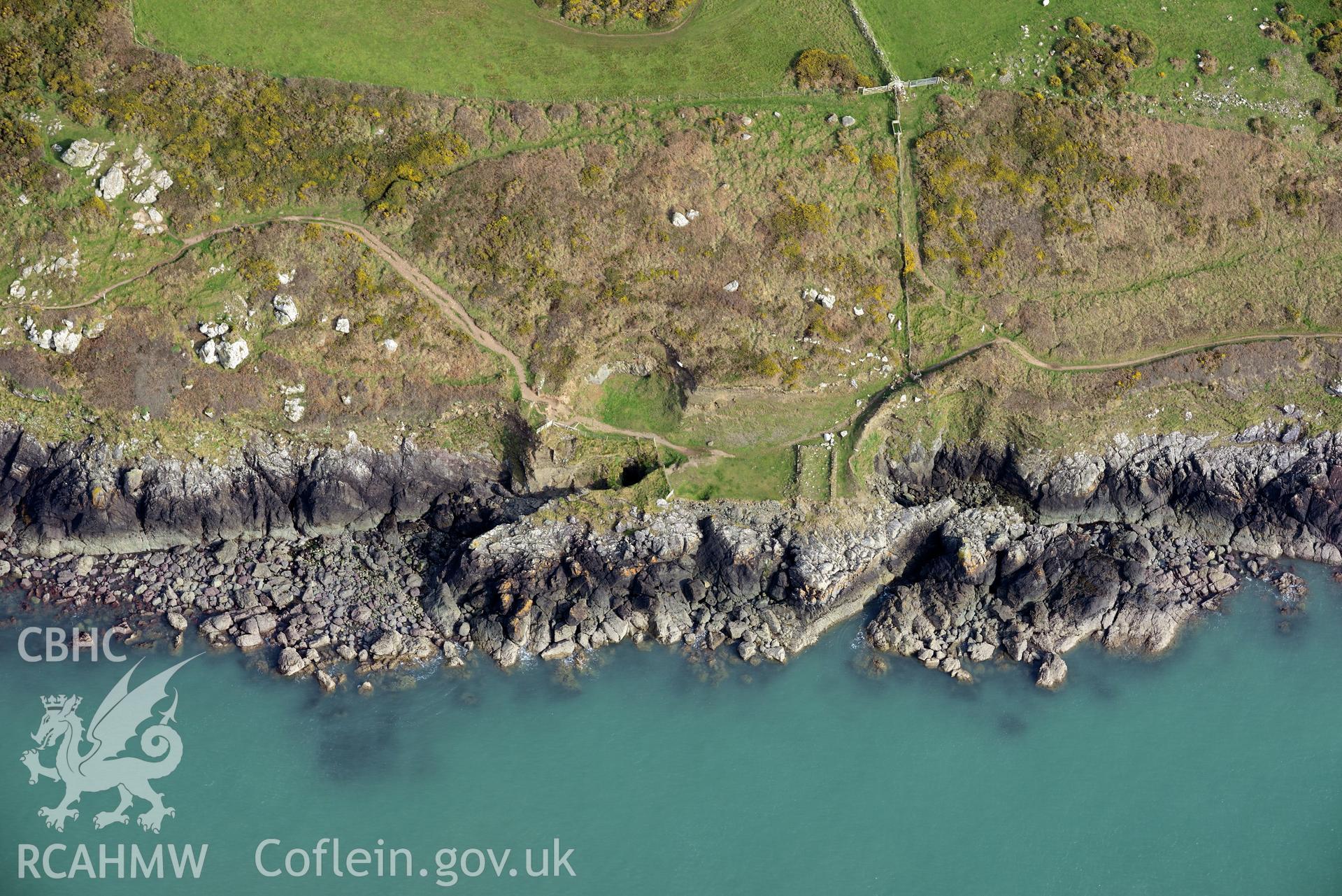 Aerial photography of Penmaenmelyn copper mine with coastal erosion, taken on 27th March 2017. Baseline aerial reconnaissance survey for the CHERISH Project. ? Crown: CHERISH PROJECT 2019. Produced with EU funds through the Ireland Wales Co-operation Programme 2014-2020. All material made freely available through the Open Government Licence.