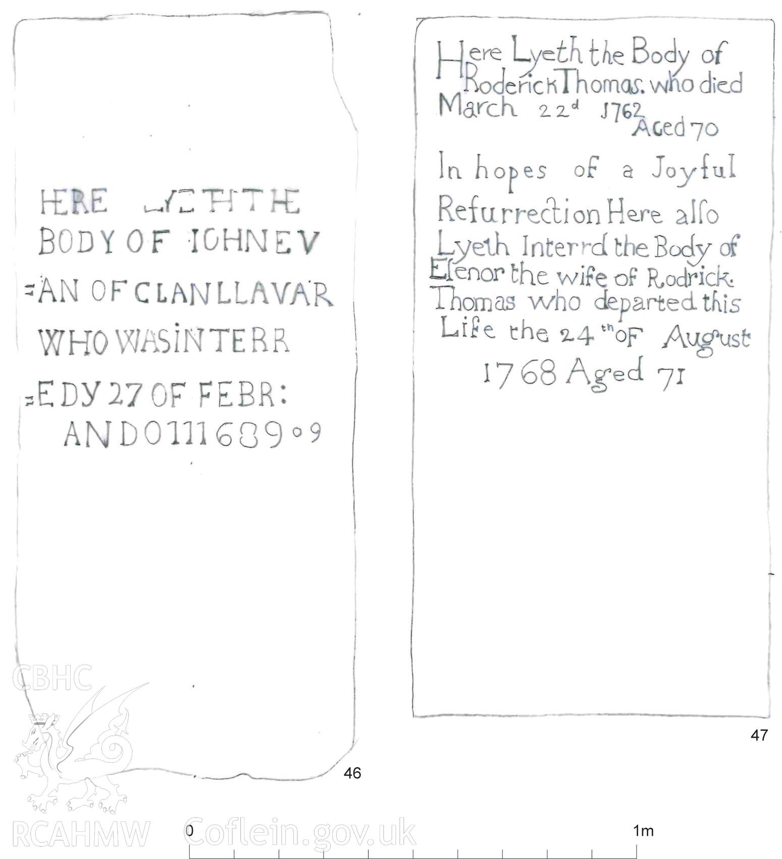 Drawing labelled 'grave slabs 46 and 47' relating to CPAT Project 1930: St Bueno's Church, Llanycil, Gwynedd - Archaeological Watching Brief. Prepared by Kate Pack of Clwyd Powys Archaeological Trust. Report no. 1267.