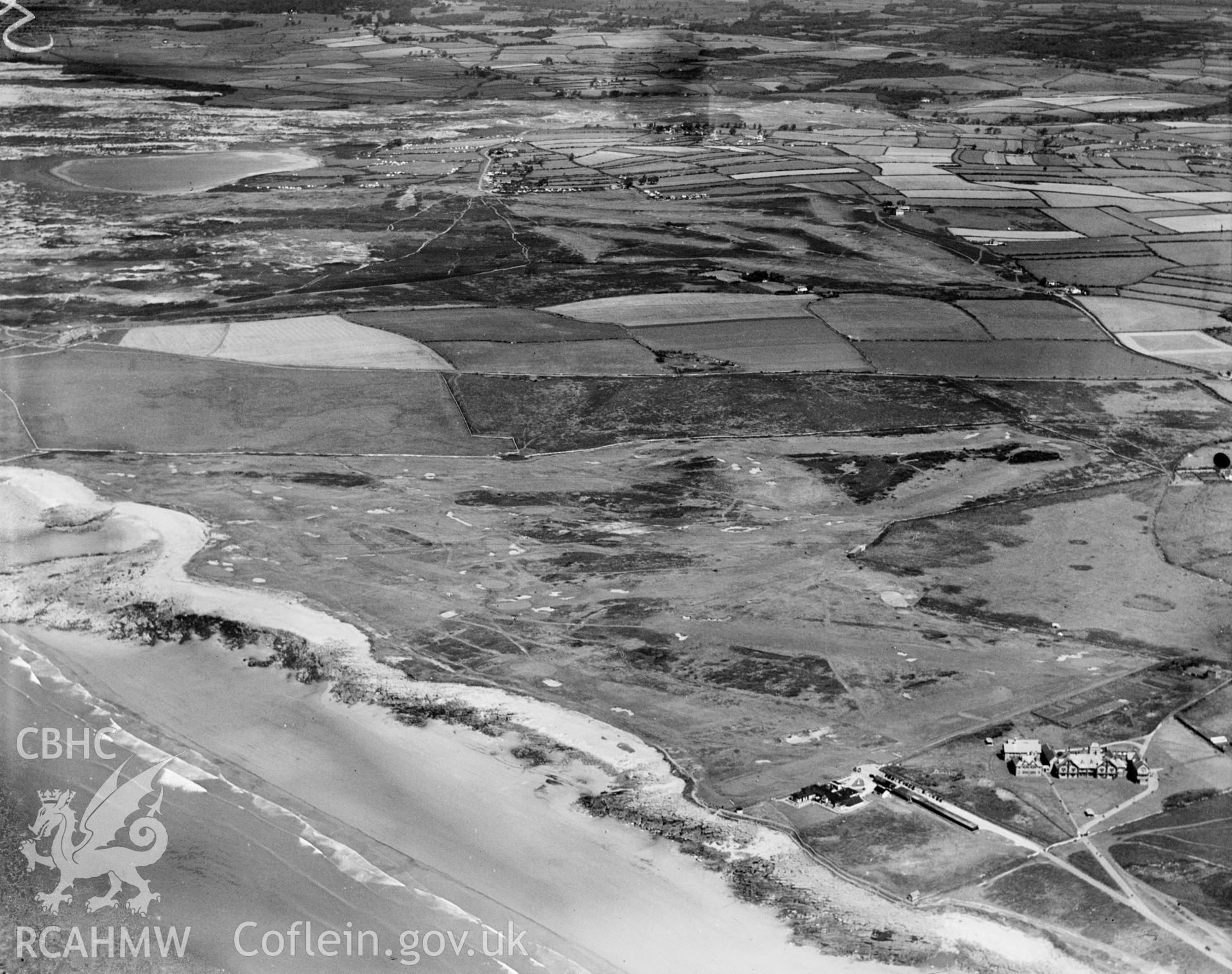 View of Royal Porthcawl golf couse and clubhouse, oblique aerial view. 5?x4? black and white glass plate negative.