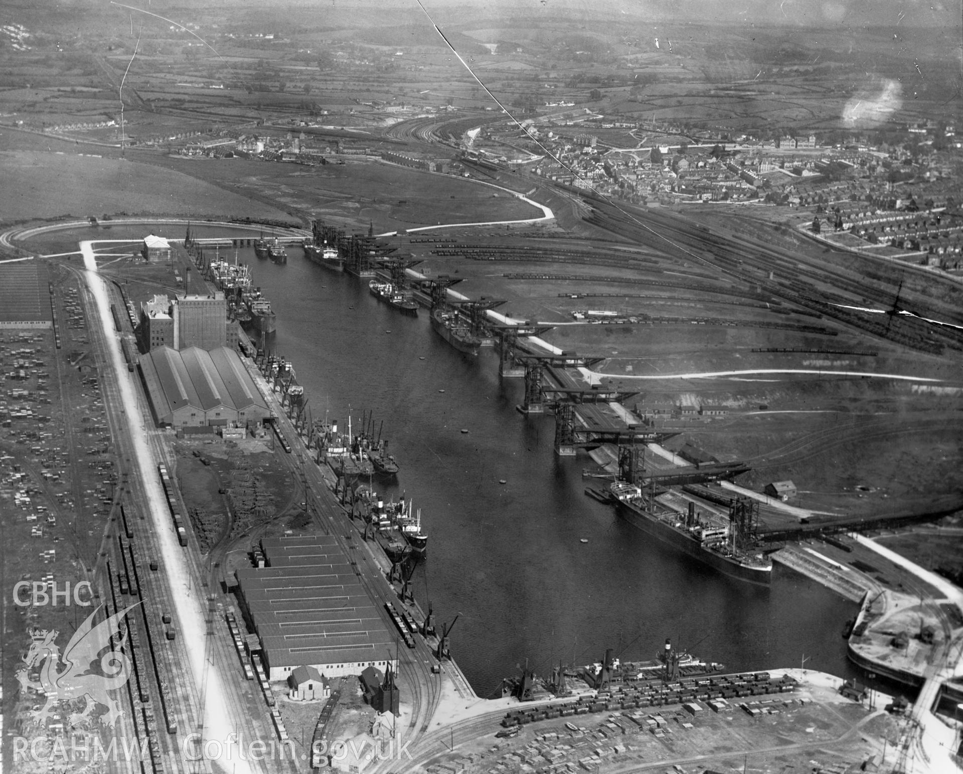 View of Barry Docks. Oblique aerial photograph, 5?x4? BW glass plate.