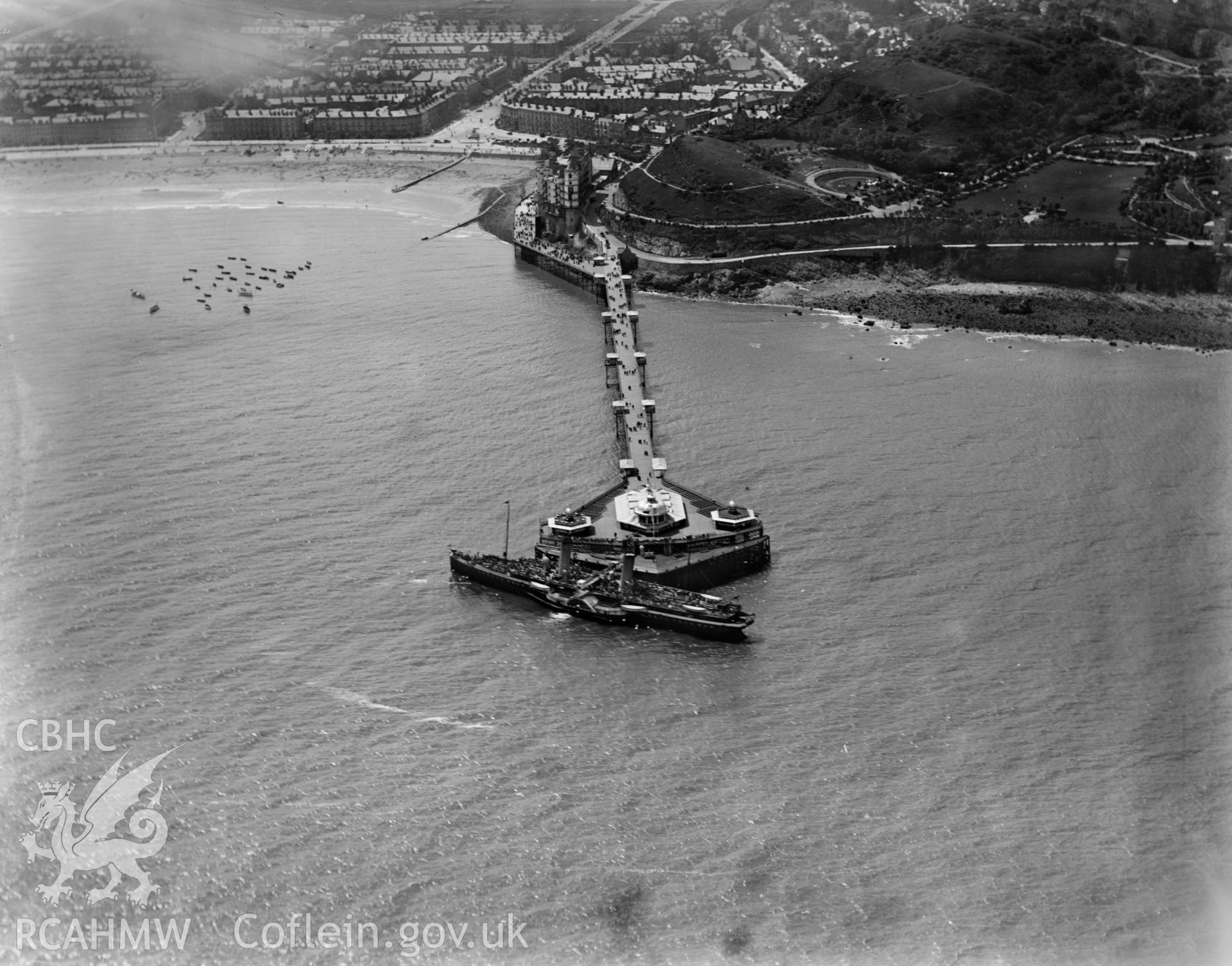 View of Llandudno showing pier and steam paddle ship, oblique aerial view. 5?x4? black and white glass plate negative.