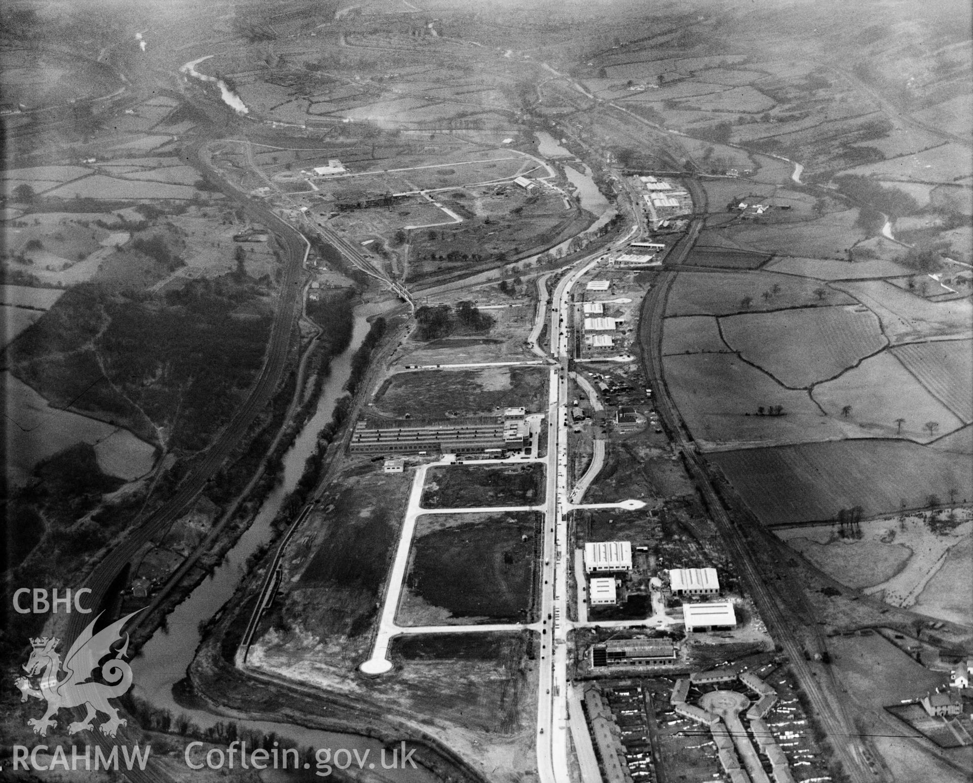 View of the Treforest trading estate under construction, oblique aerial view. 5?x4? black and white glass plate negative.