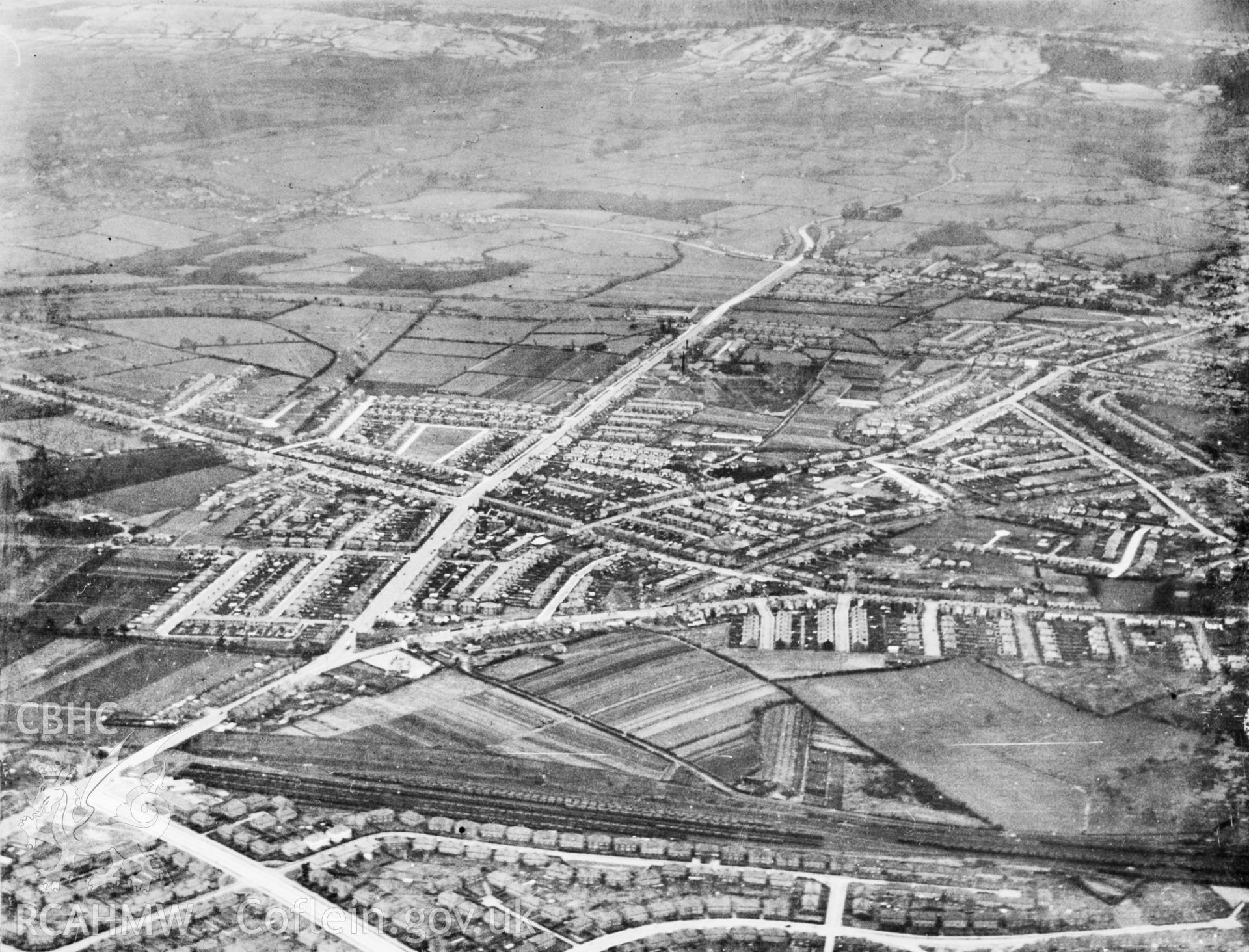 View believed to show the Whitchurch area of Cardiff. Oblique aerial photograph, 5?x4? BW glass plate.