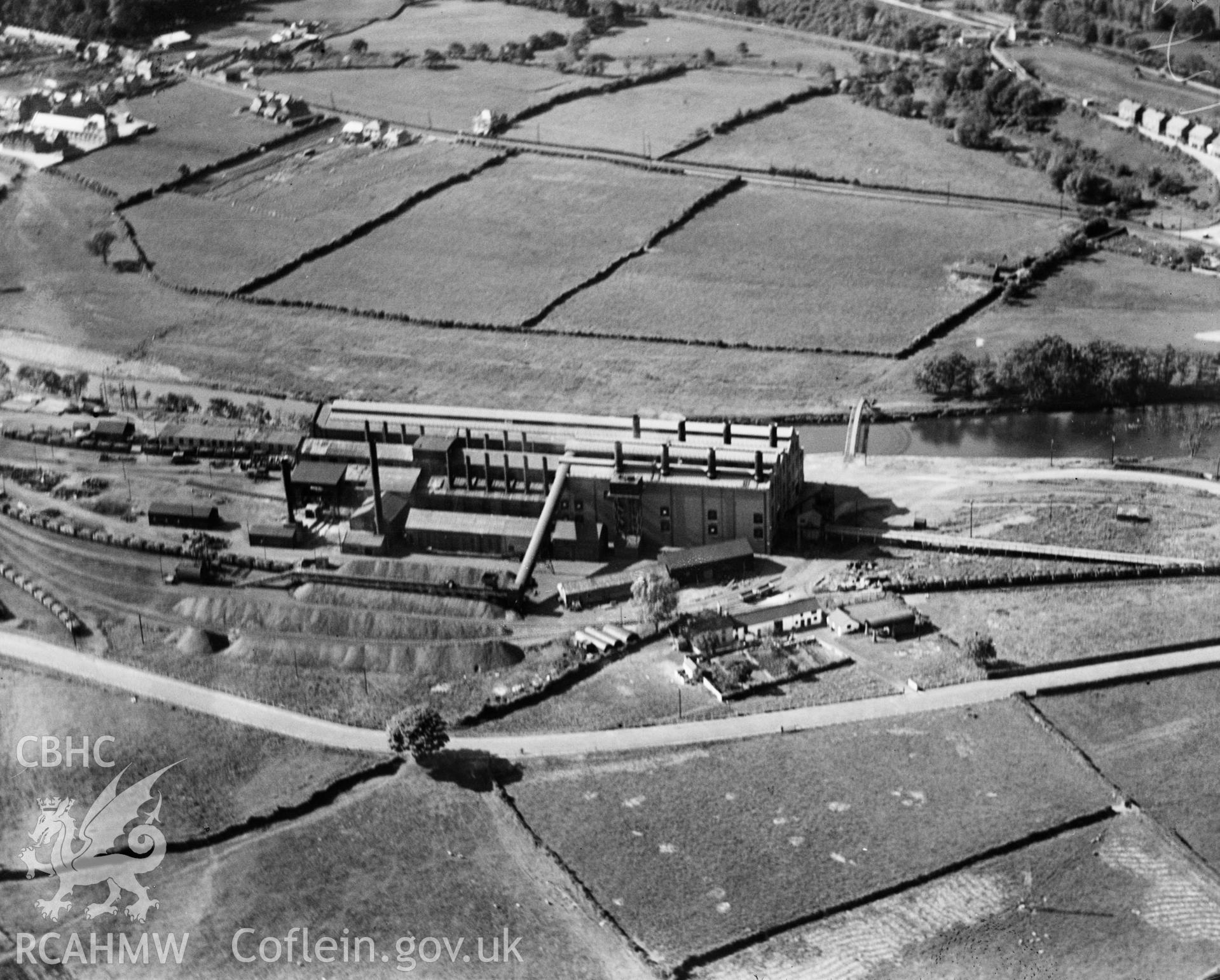 View of the South Wales Electric Company,  Upper Boat Power Station, oblique aerial view. 5?x4? black and white glass plate negative.