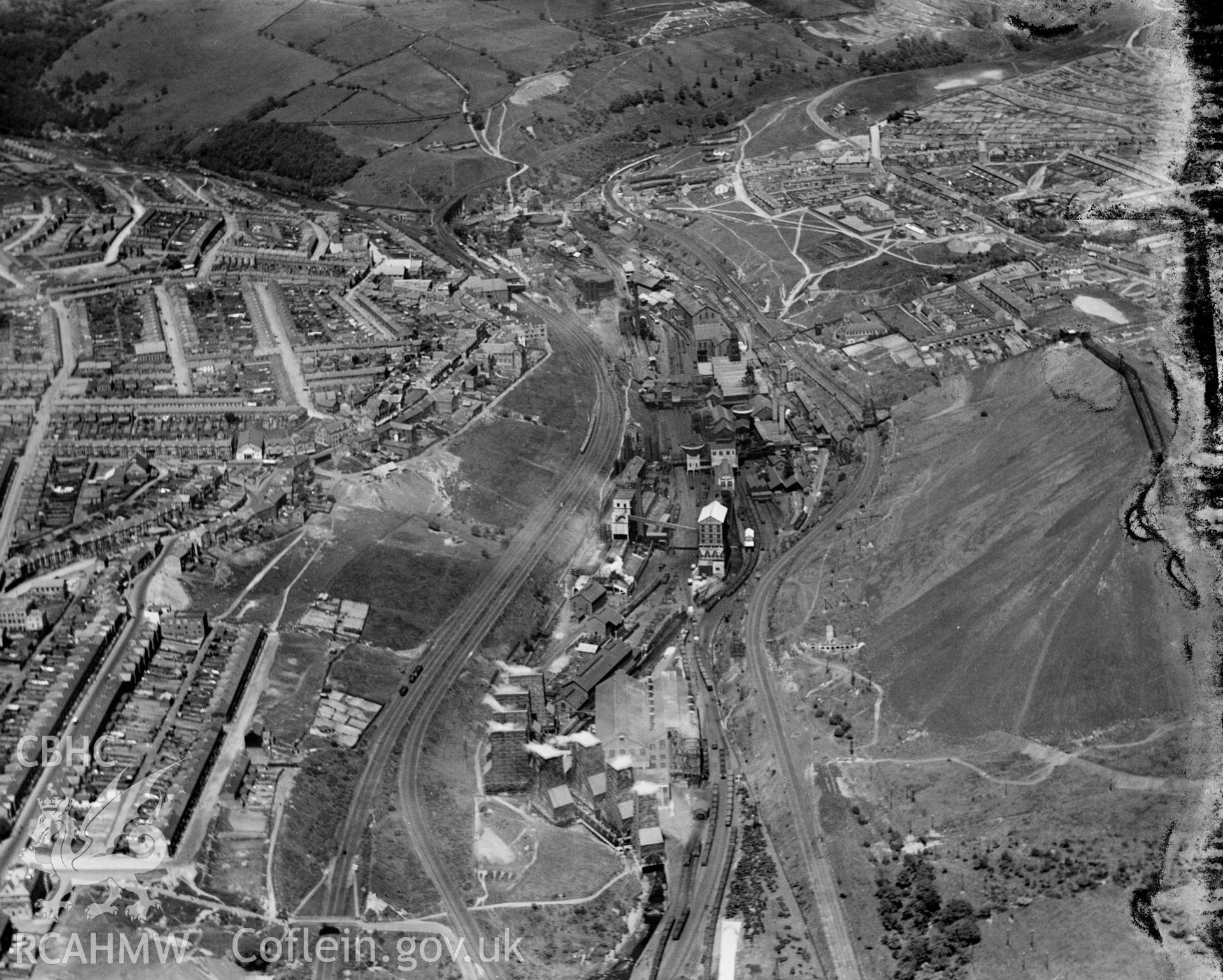 View of Bargoed colliery looking from south, oblique aerial view. 5?x4? black and white glass plate negative.