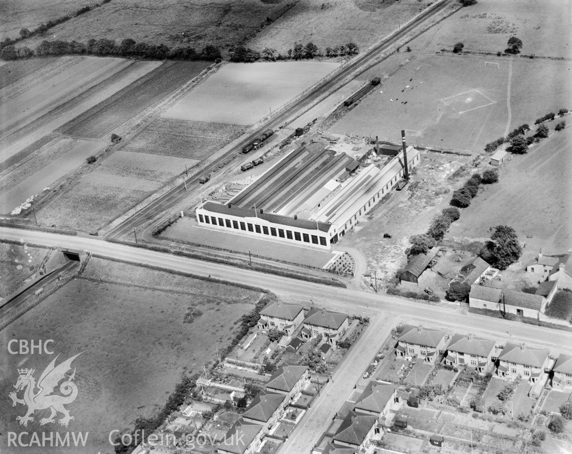 View of Morgan Rees & Sons wire ropeworks, Whitchurch. Oblique aerial photograph, 5?x4? BW glass plate.