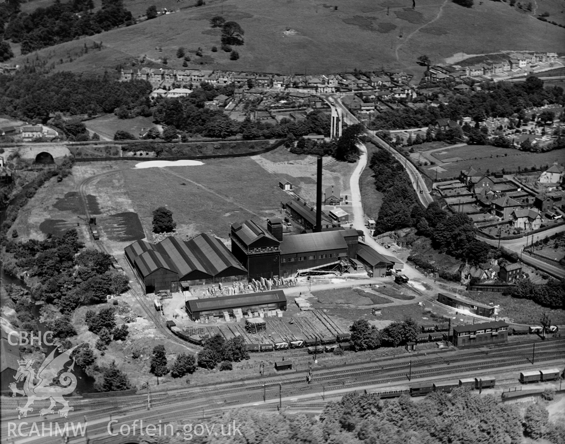 View of Pilkington Brothers Ltd., Pontypool Works, oblique aerial view. 5?x4? black and white glass plate negative.
